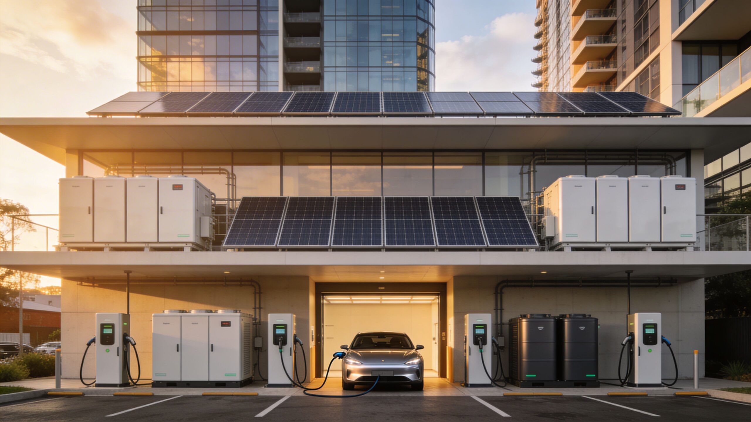 A sleek electric vehicle charging at a modern sustainable facility equipped with rooftop solar panels and equipment.