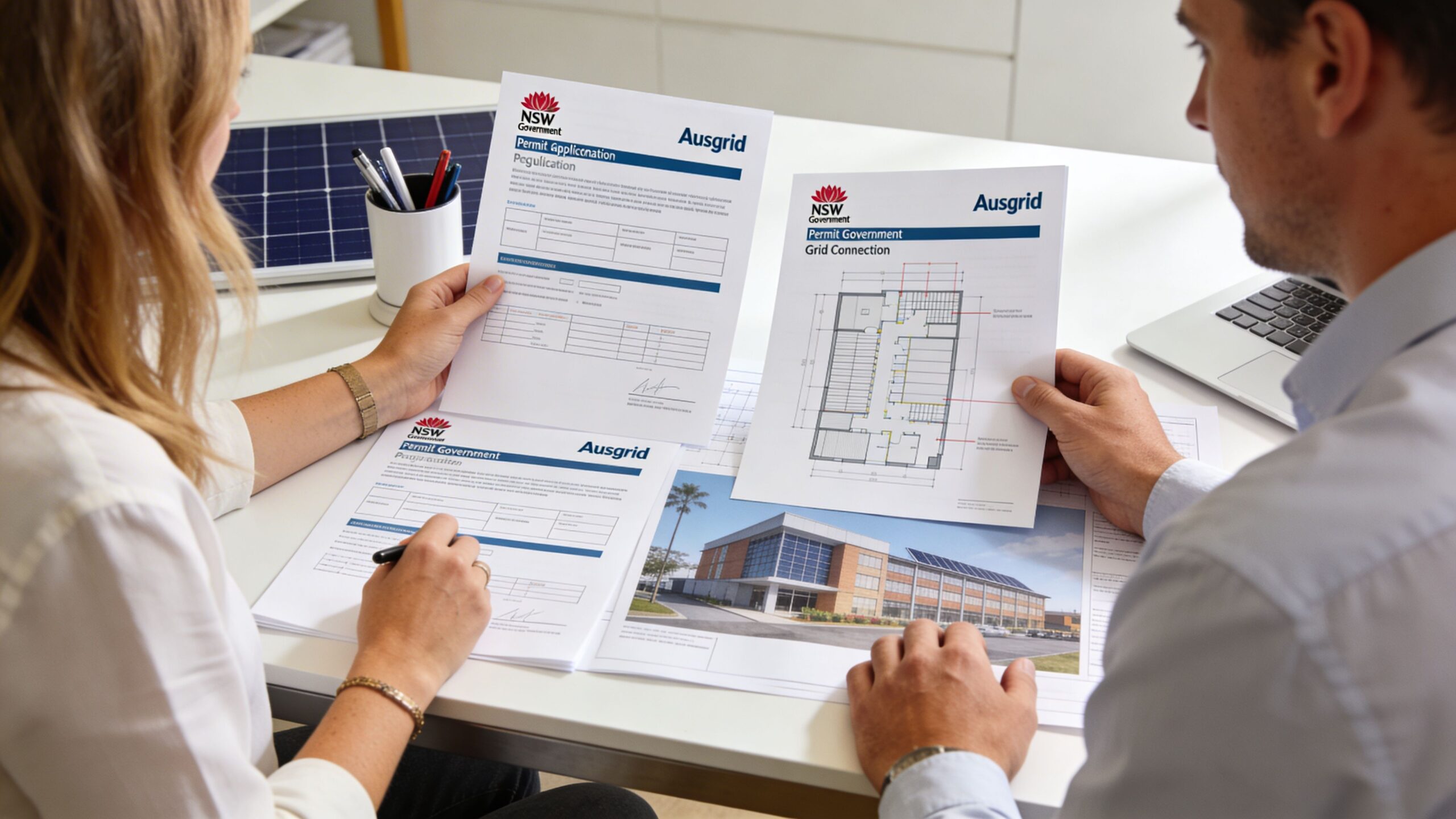 A professional man and woman reviewing solar installation permit documents and architectural plans at a desk.