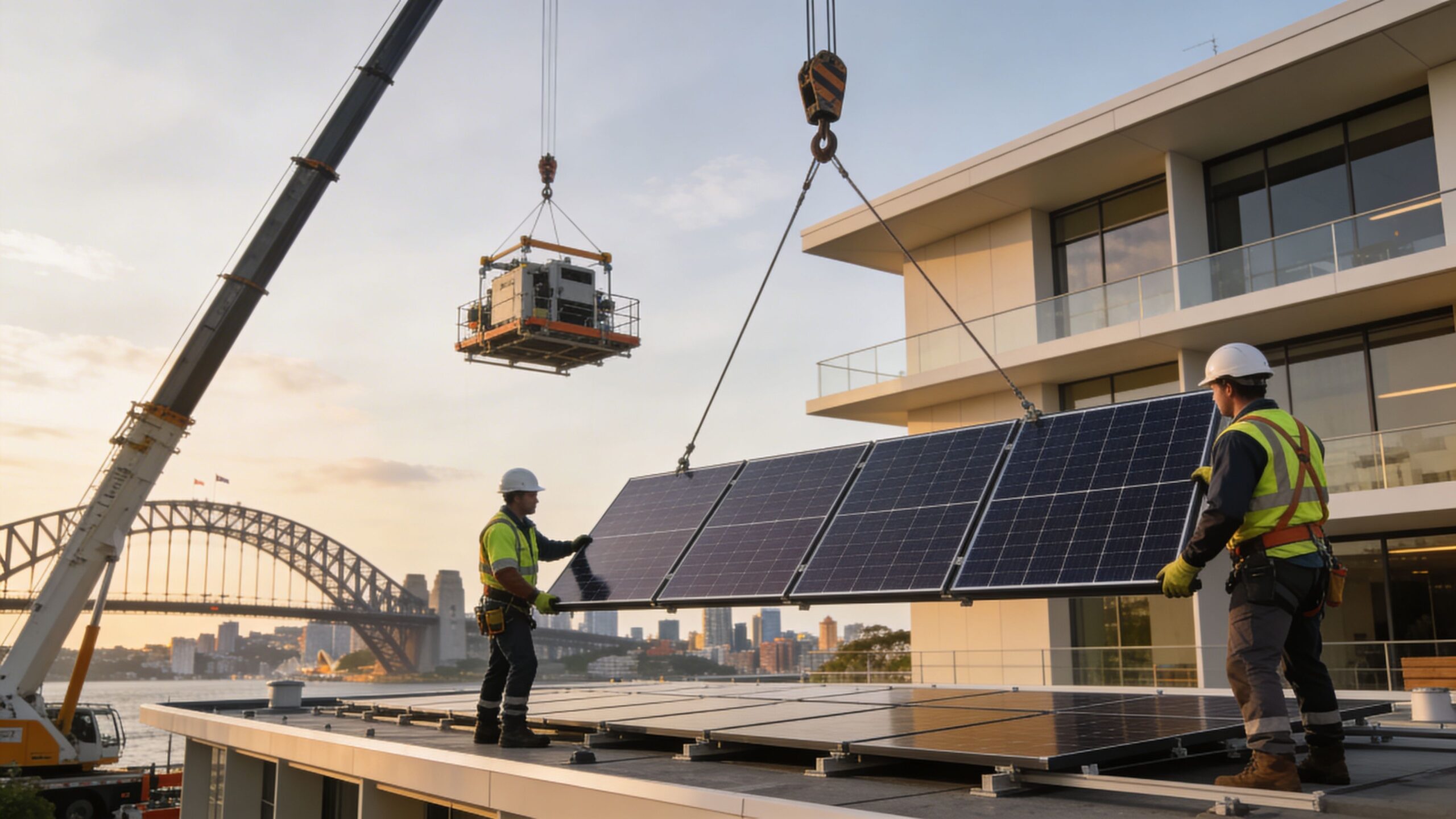 Construction workers installing large solar panels on a building rooftop with the Sydney Harbour Bridge in the background.