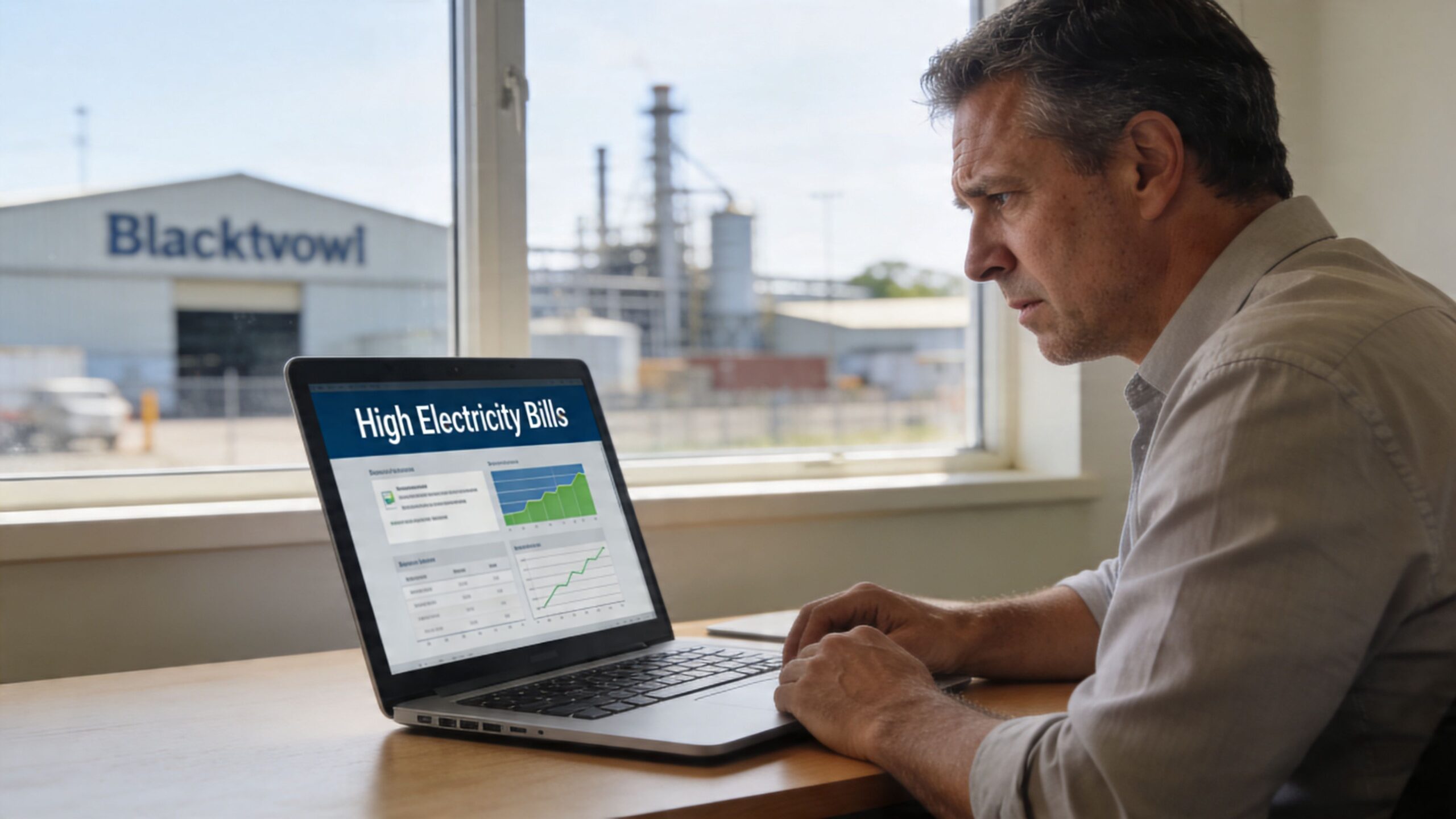 A concerned man reviewing high electricity bills on a laptop inside an office overlooking an industrial facility.