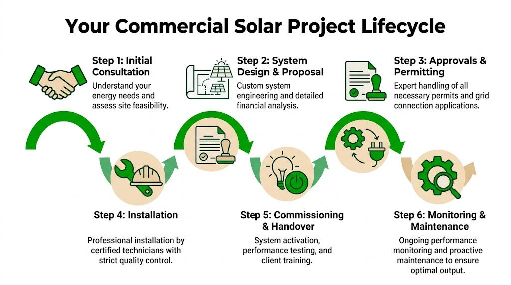 A six-step infographic illustrating the commercial solar project lifecycle from initial consultation to ongoing maintenance.