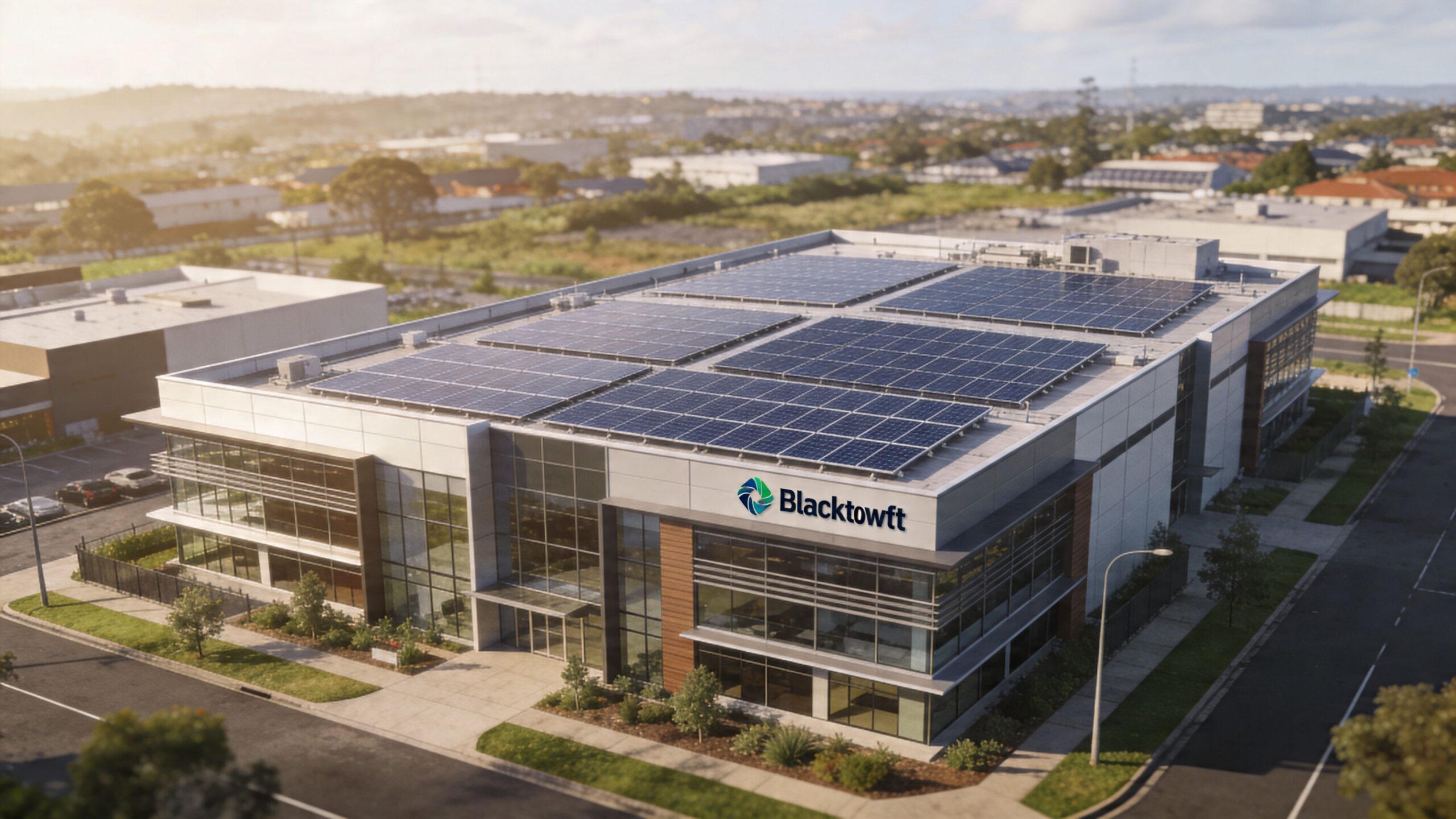 A modern commercial building in Blacktown featuring extensive rooftop solar panel installations on a sunny day.