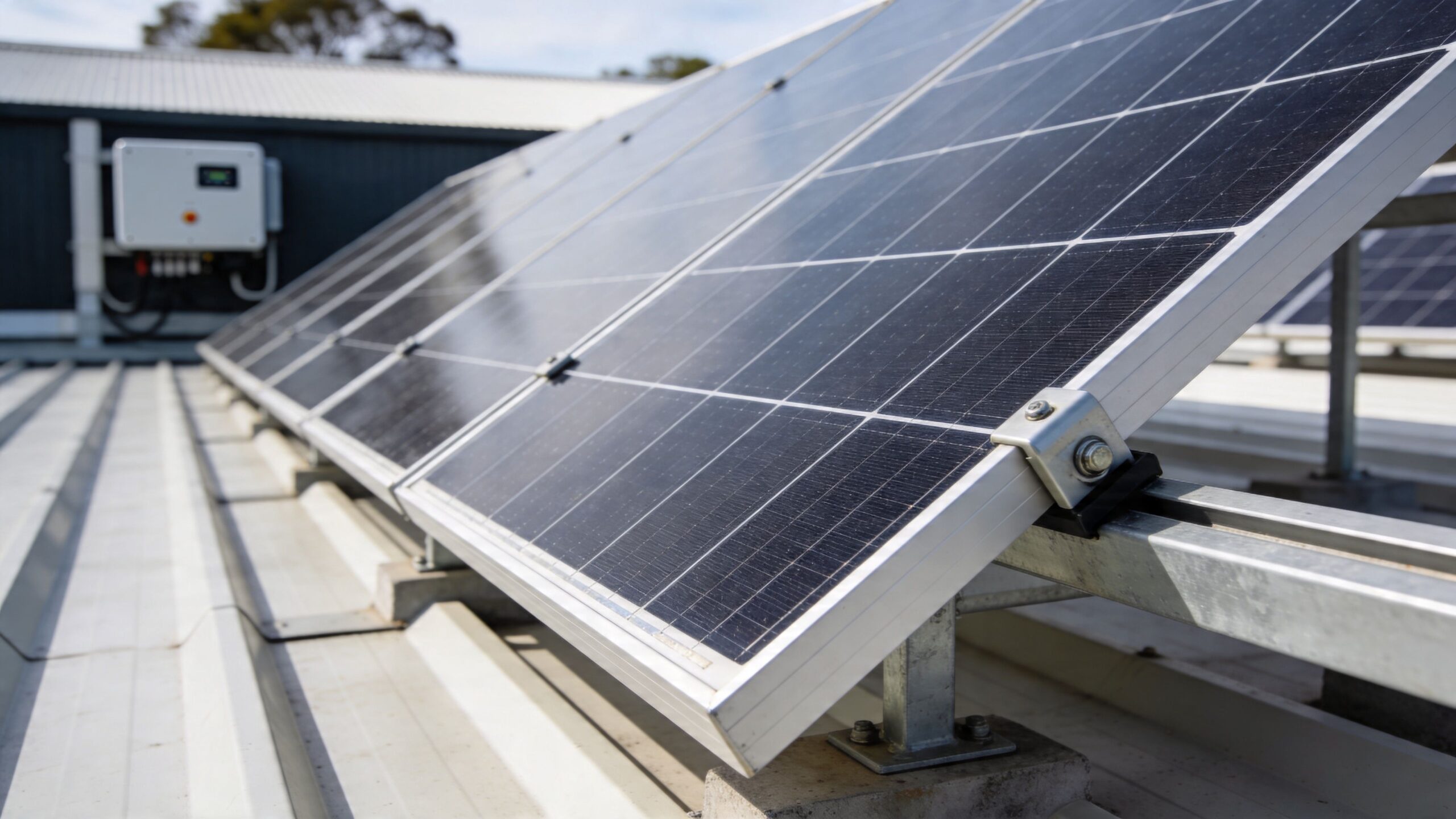 Solar panels installed on a metal rooftop of a commercial building during a sunny day.