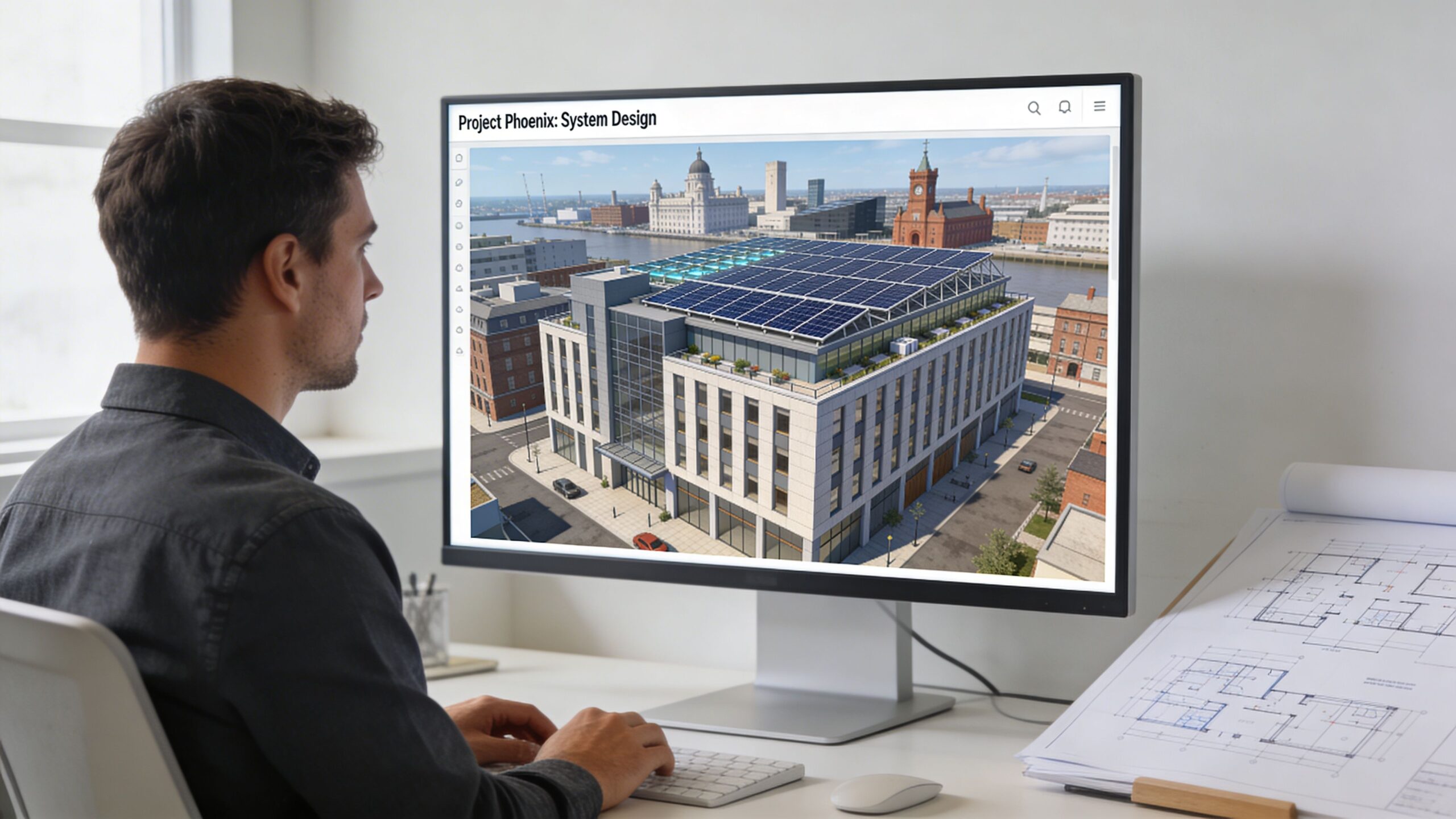 An architect at a computer reviewing a 3D building model featuring a rooftop solar panel installation.