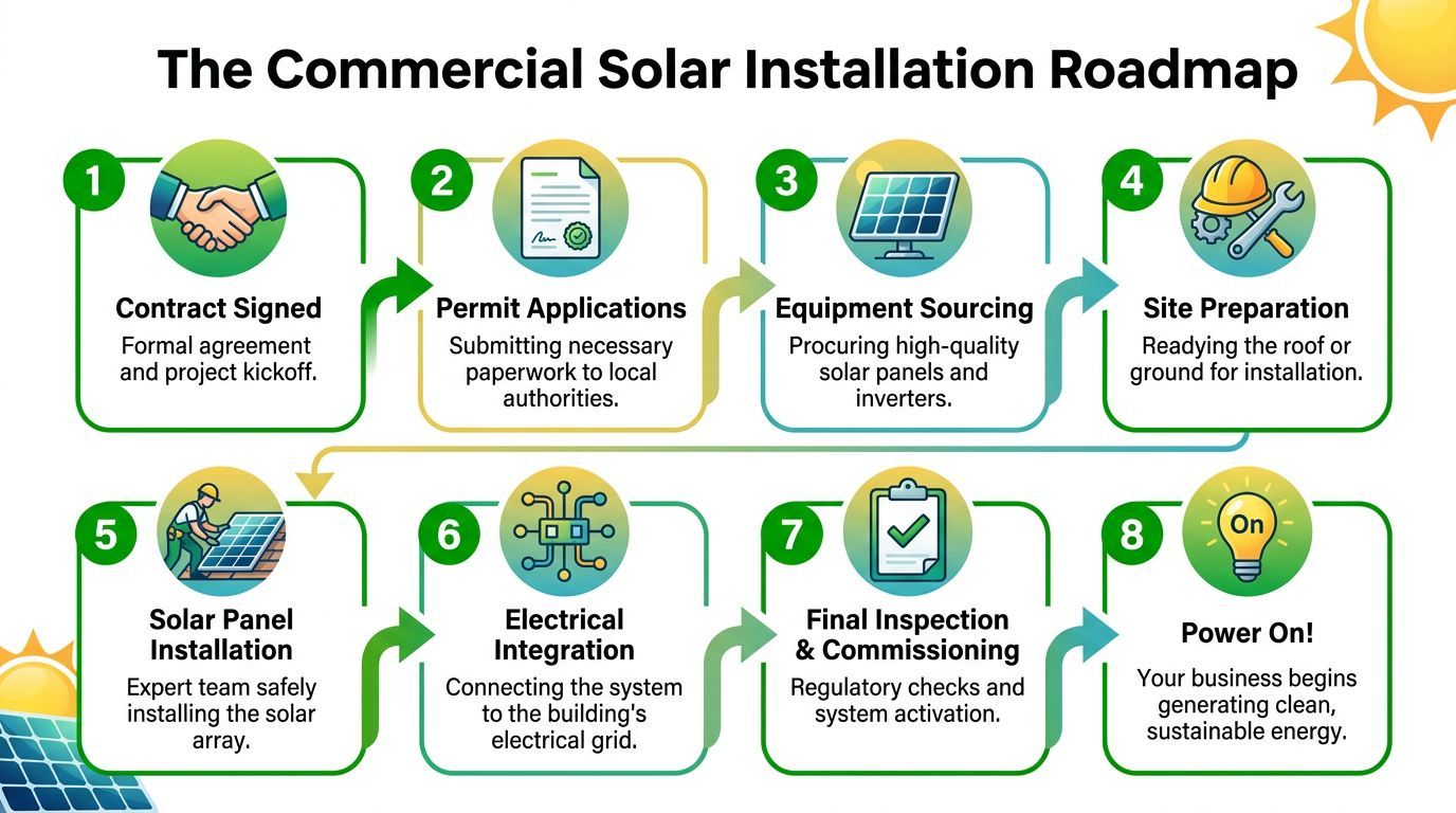 A professional infographic outlining the eight-step commercial solar installation roadmap from contract signing to power generation.