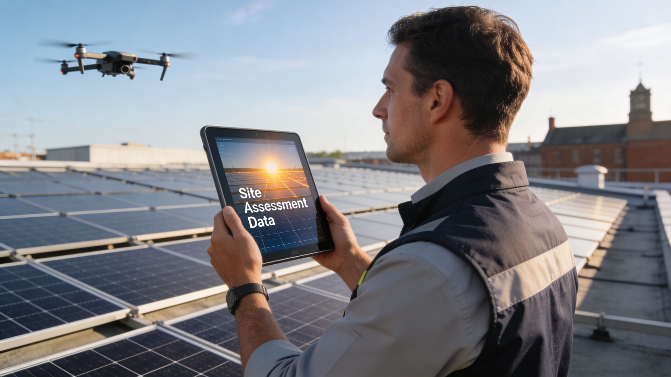 A solar technician inspecting rooftop solar panels with a drone and tablet for commercial site assessment data.