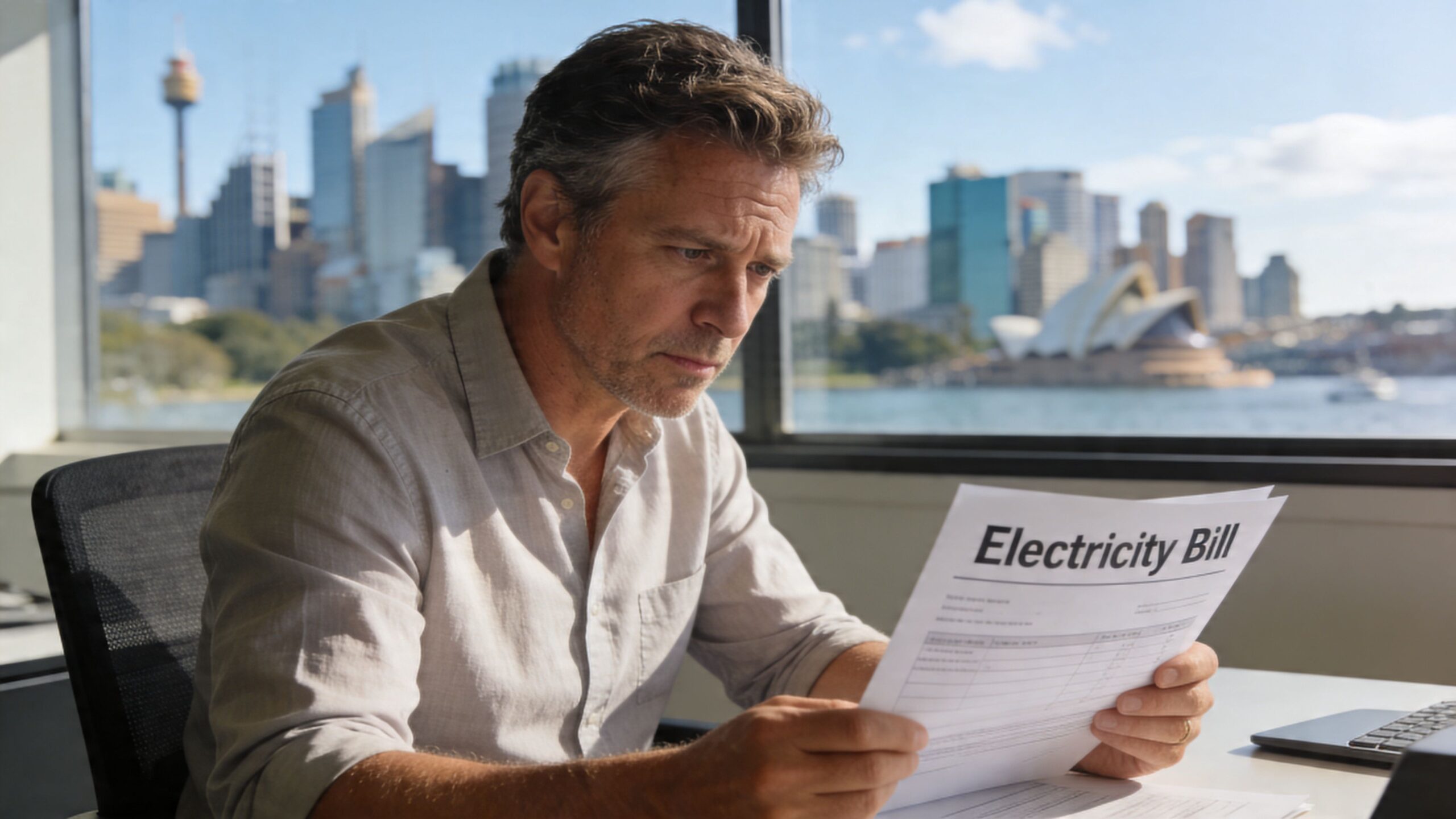 A concerned businessman reviewing his electricity bill in a modern office overlooking the Sydney city skyline.