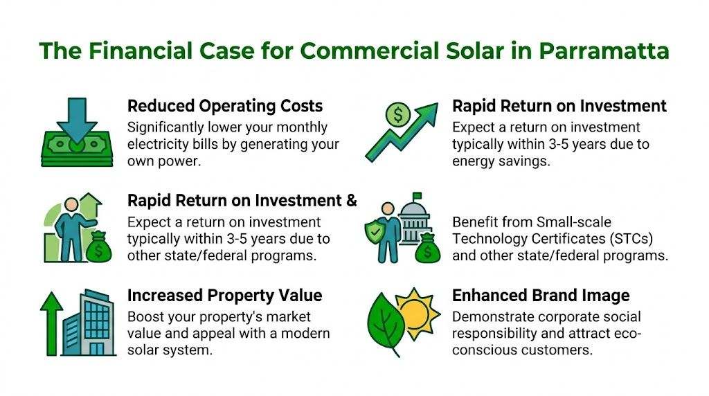 An infographic showing financial benefits of commercial solar energy systems for businesses in Parramatta.