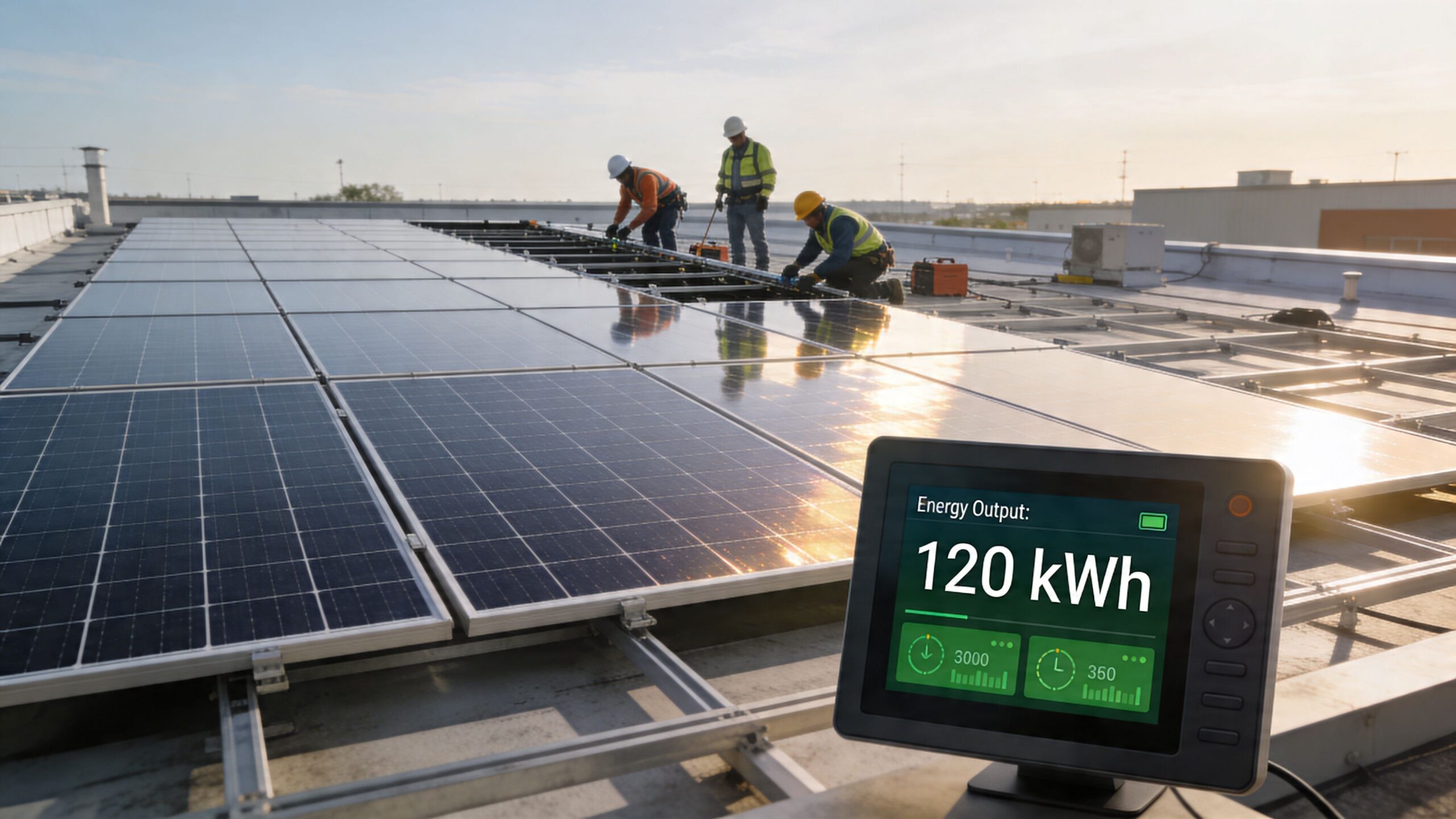 Three construction workers installing solar panels on a commercial rooftop with a digital energy output monitor visible.