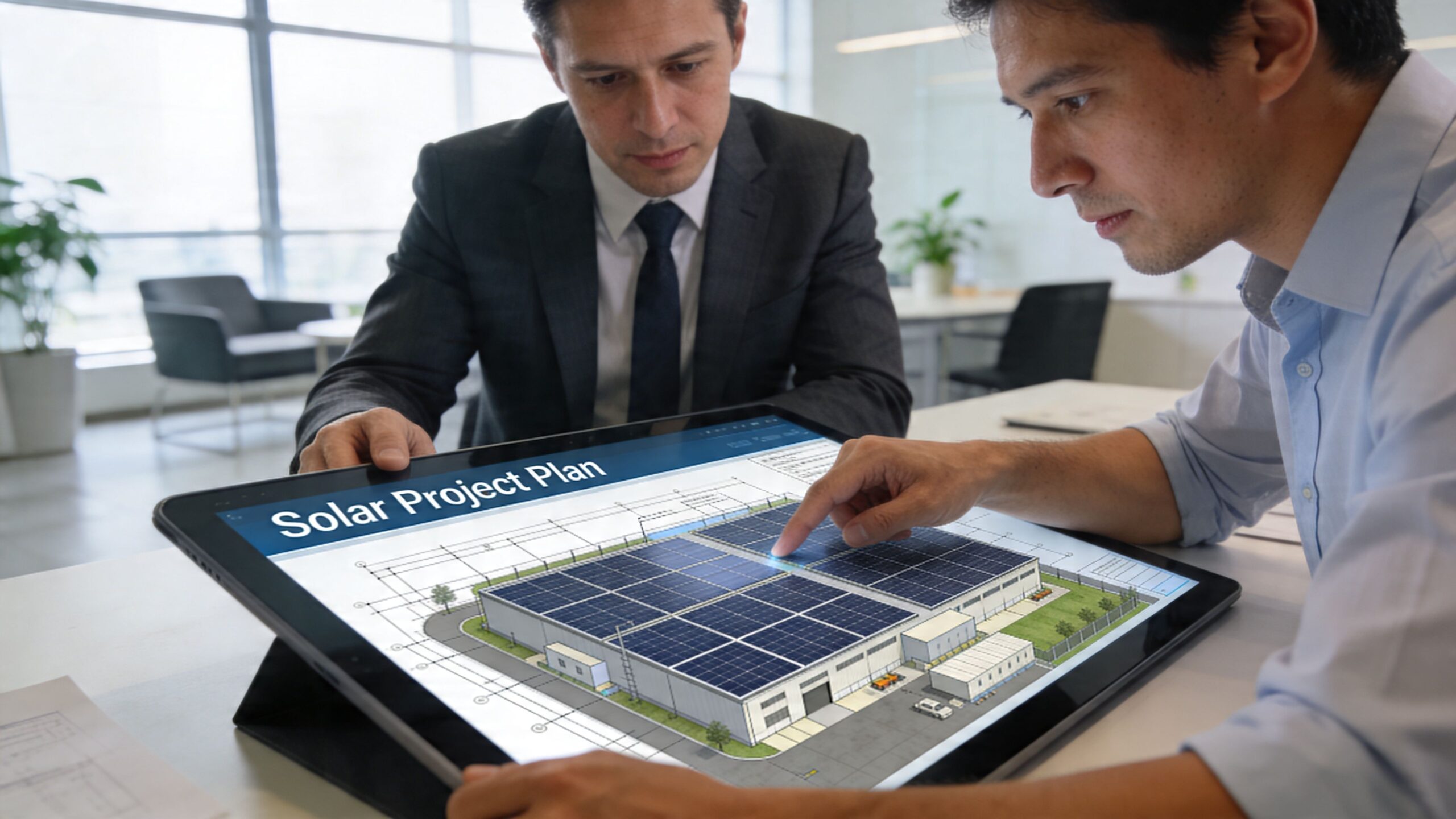Two professionals reviewing a digital solar panel project plan for a commercial building on a tablet screen.