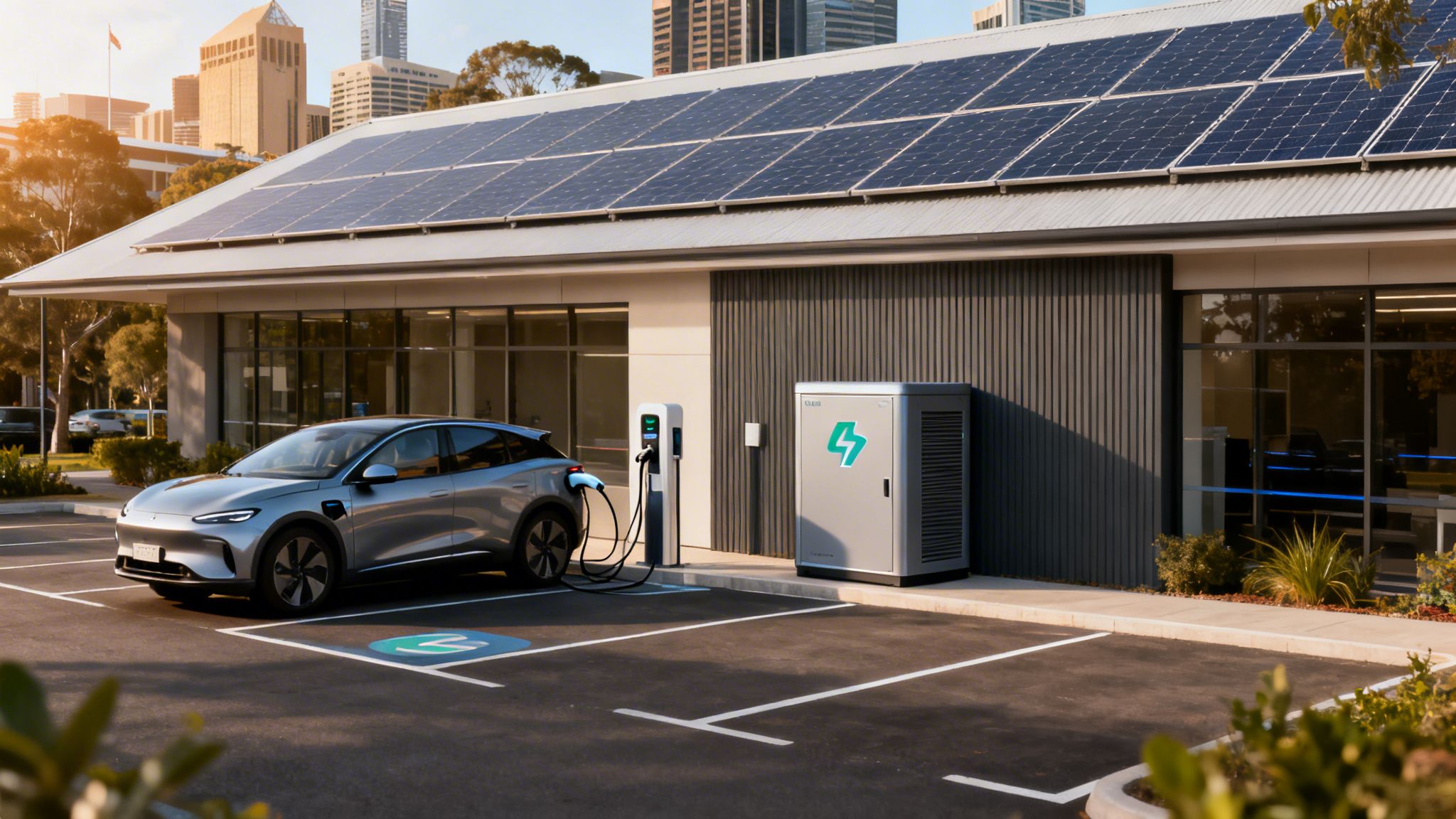 A modern electric vehicle charging at a commercial station powered by rooftop solar panels in Sydney.