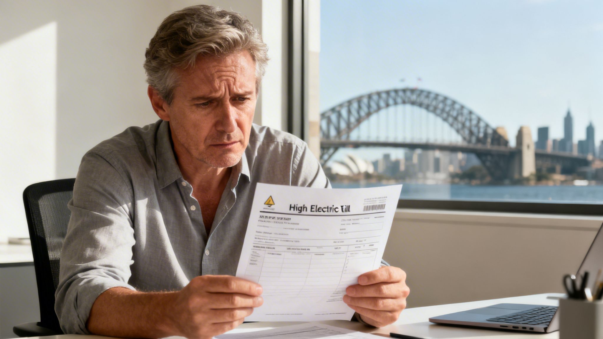 A concerned businessman looking at a high electric bill with the Sydney Harbour Bridge in the background.