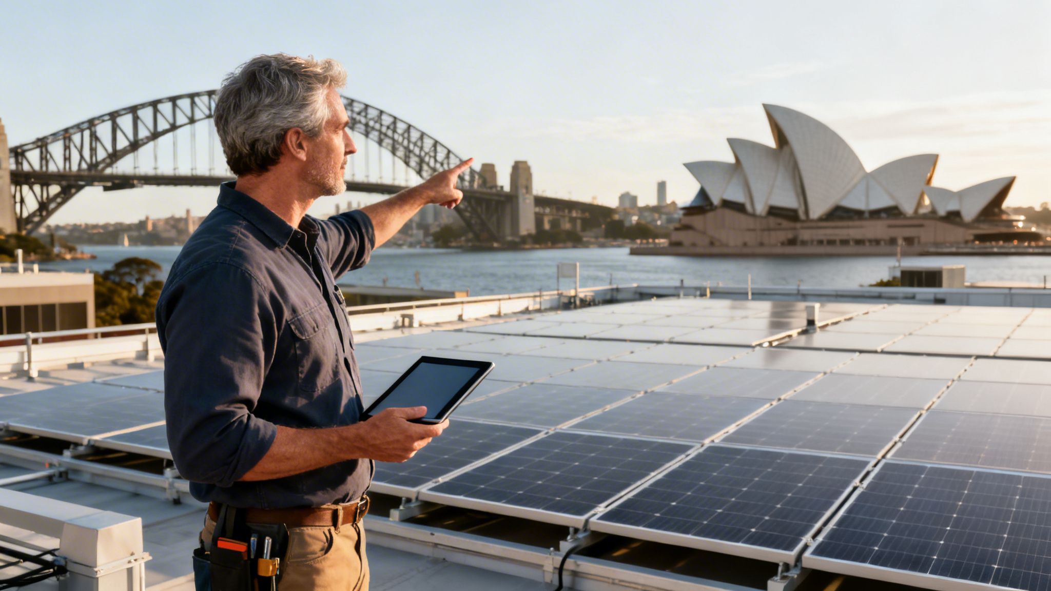 A professional technician pointing towards the Sydney Opera House while inspecting a commercial solar rooftop installation.