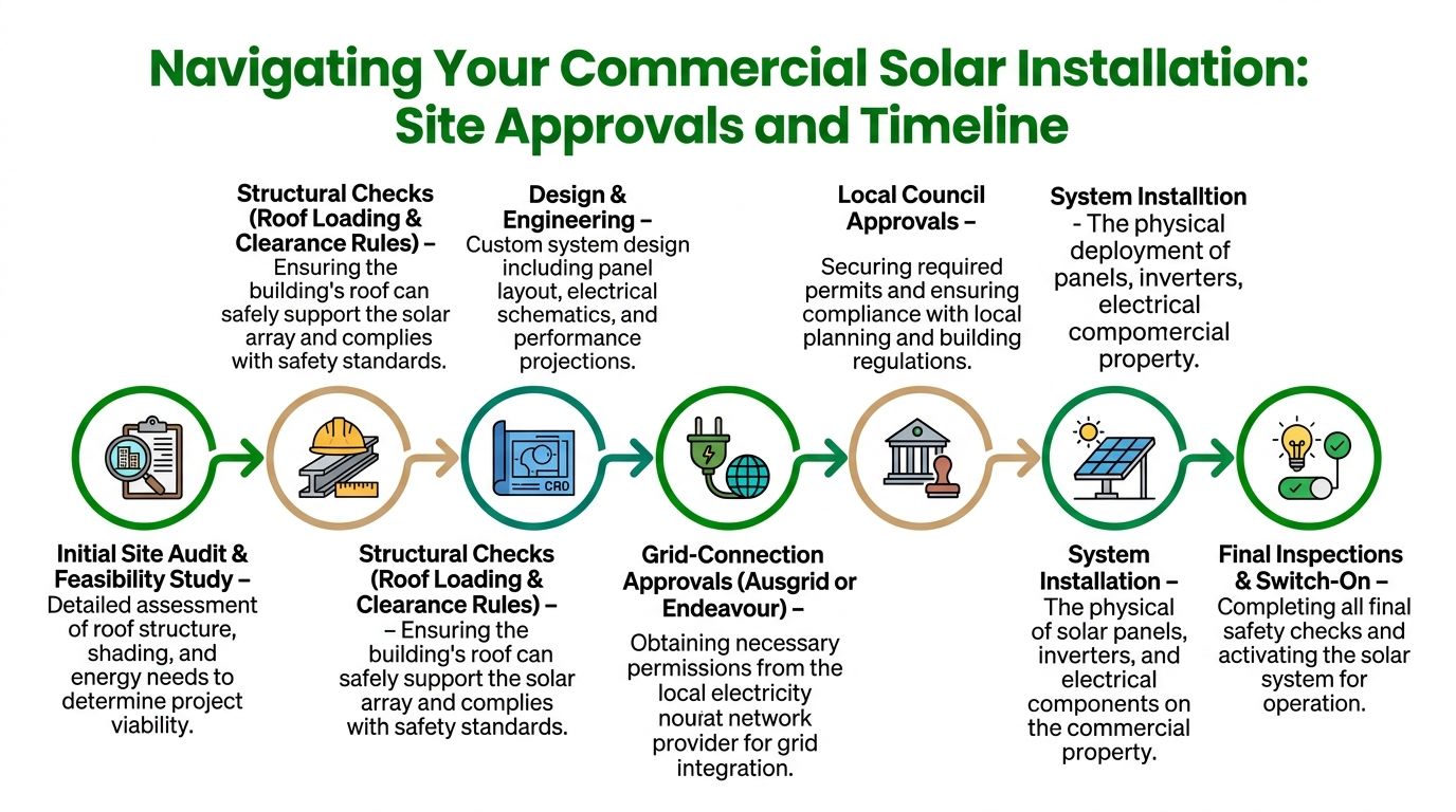 A flowchart infographic detailing the seven key steps for a commercial solar installation and project timeline.