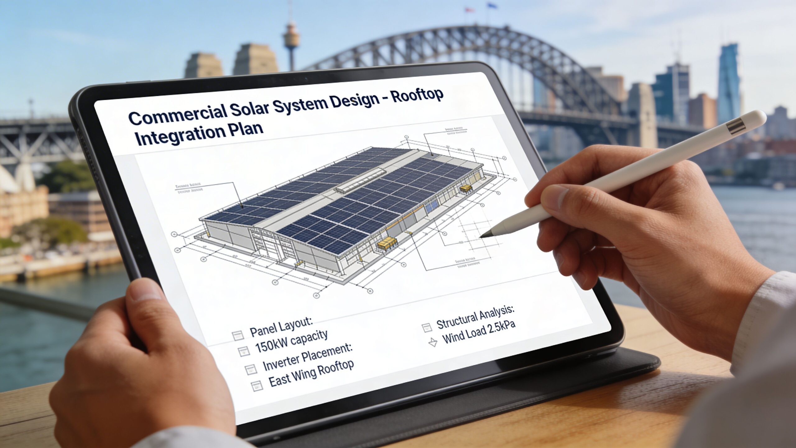 A professional designer uses a stylus to edit a commercial solar panel installation plan on a tablet.