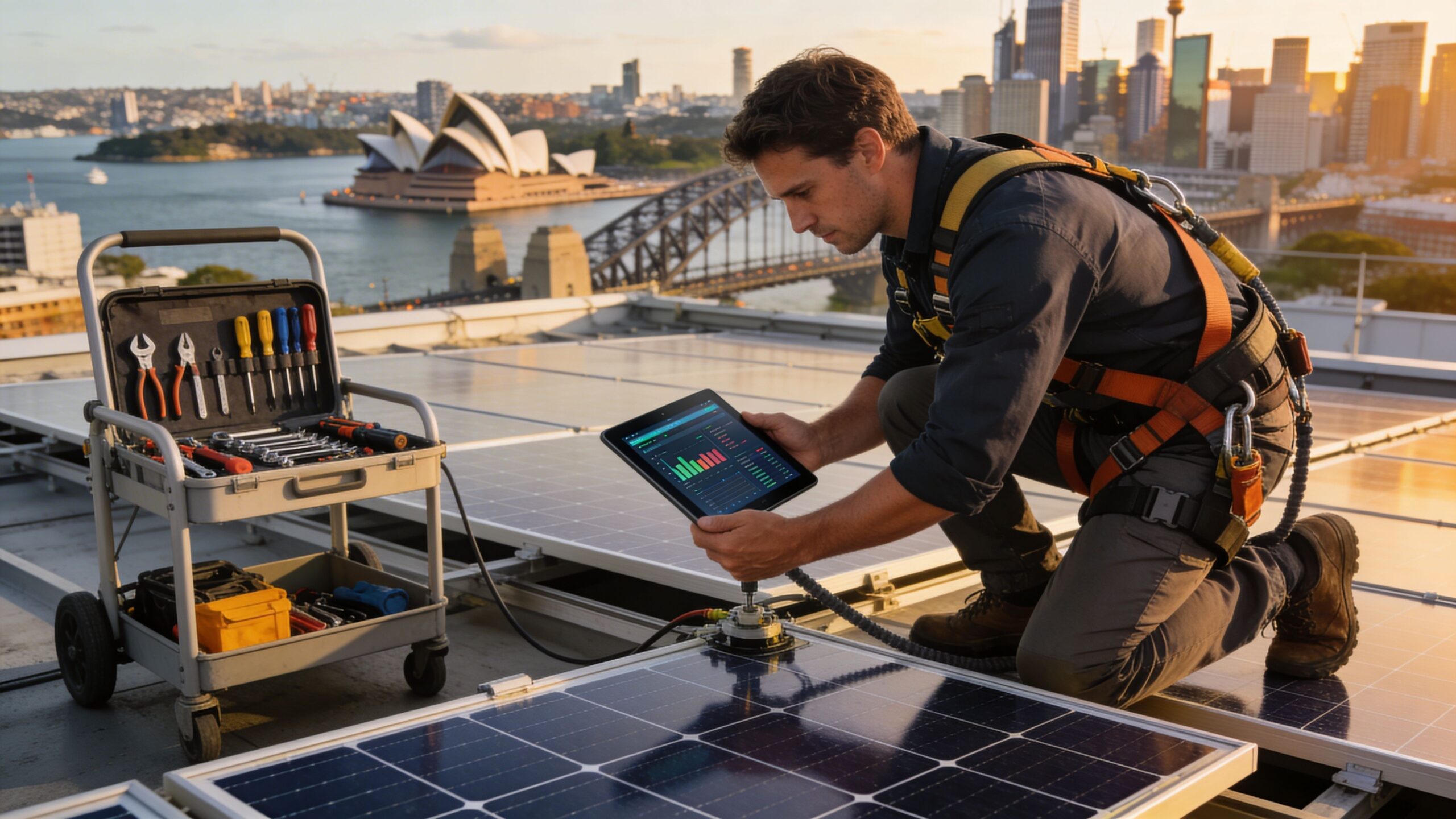 Technician inspecting commercial solar panels on a Sydney rooftop with the harbor and city skyline in background