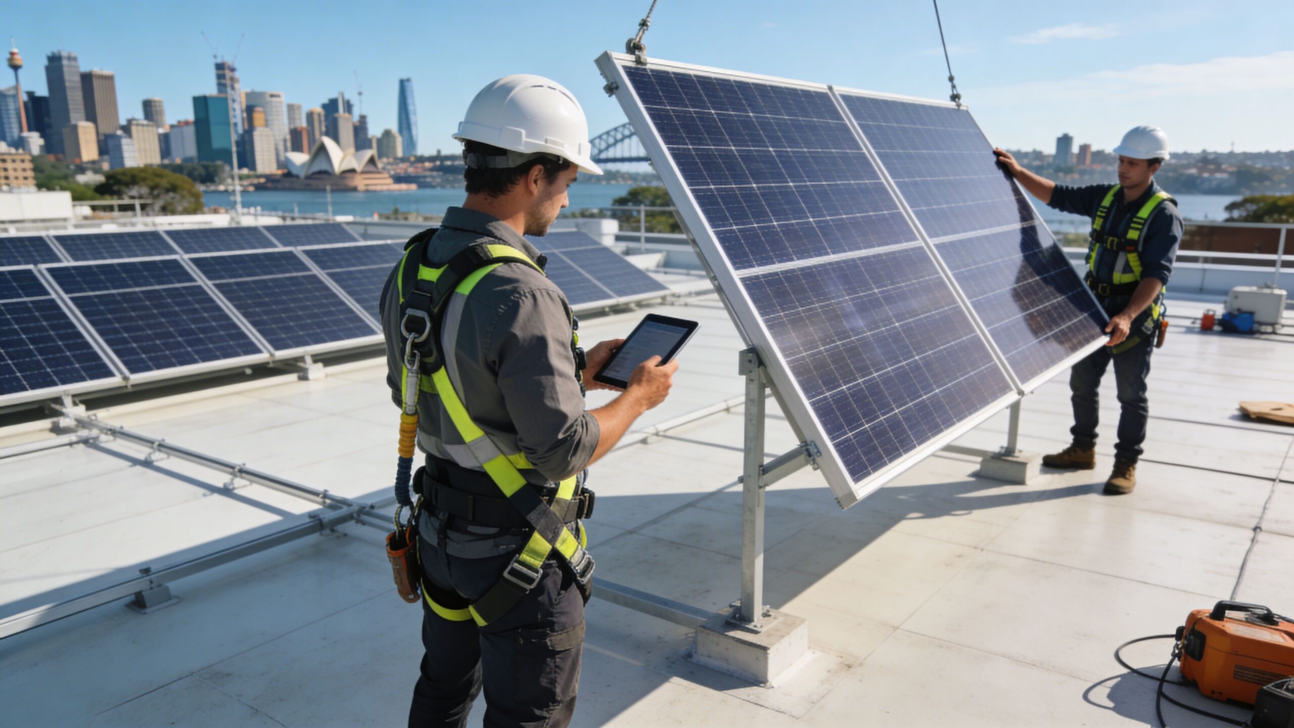 Two technicians in safety harnesses installing solar panels on a building rooftop overlooking the Sydney city skyline.