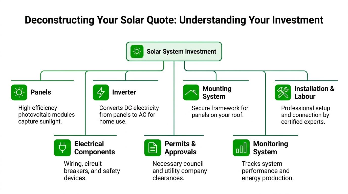 A diagram breaking down the various components and costs included in a residential solar system investment quote.