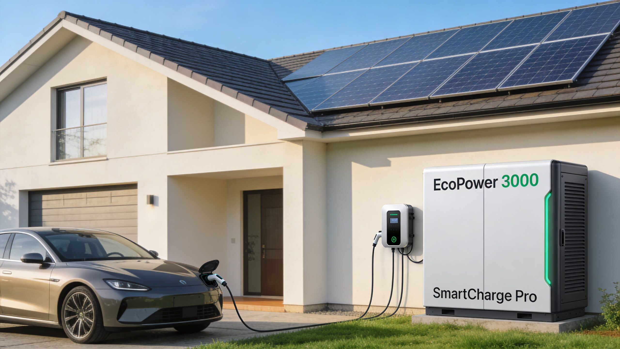 A modern home equipped with rooftop solar panels and an EcoPower 3000 battery system charging an electric vehicle.