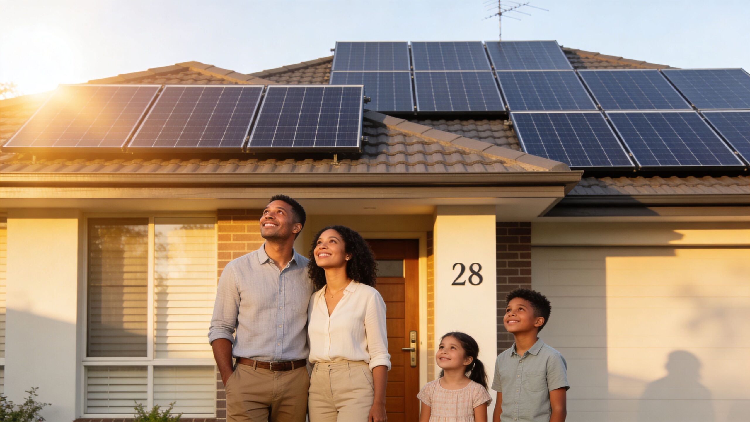 A happy family standing in front of their modern house with solar panels installed on the roof.