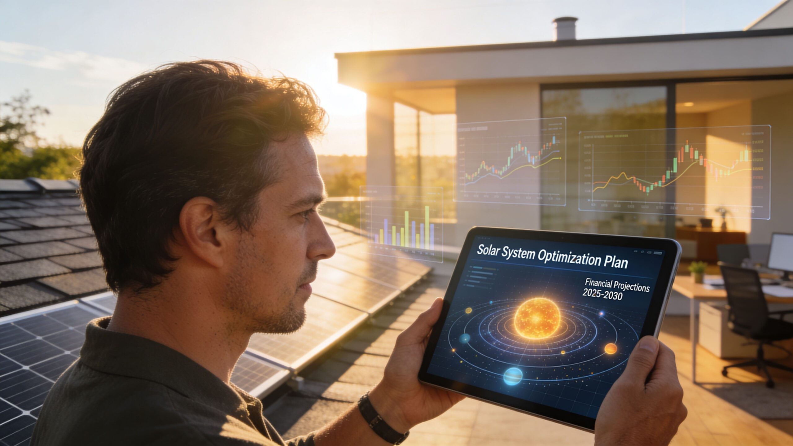 A man on a roof with solar panels using a tablet showing futuristic solar system financial data.