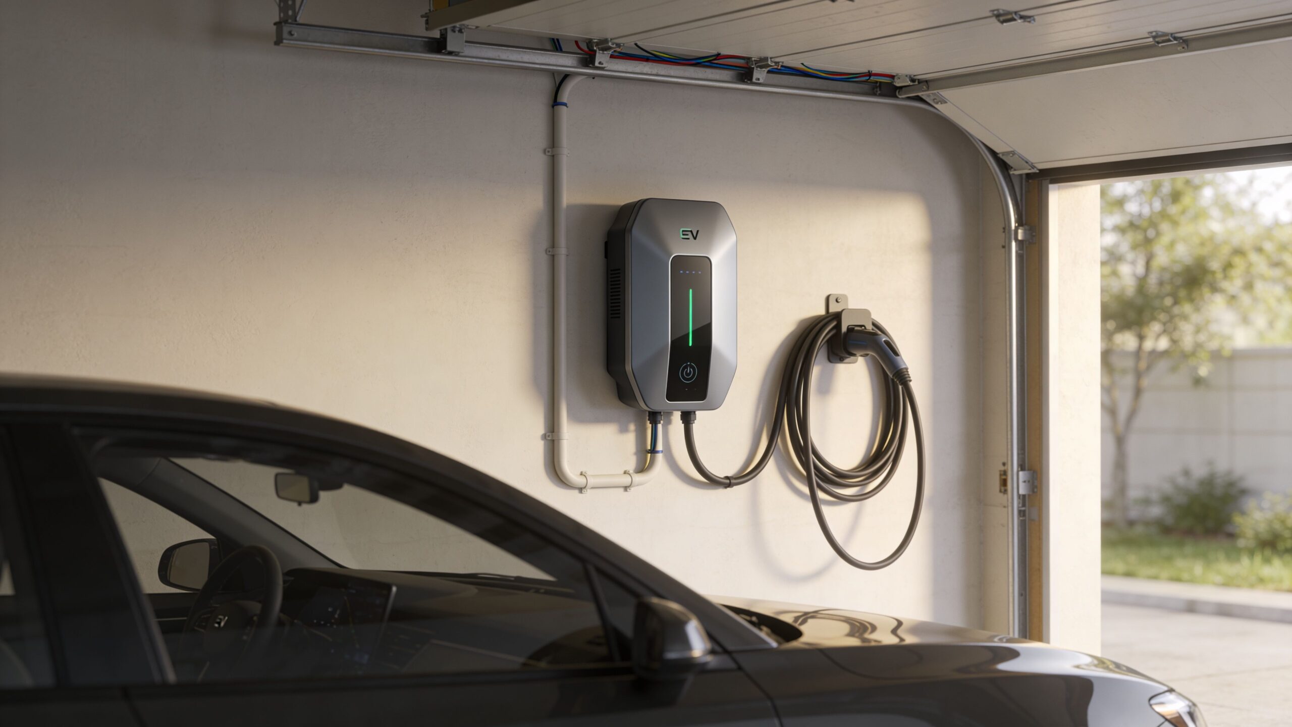 A sleek wall-mounted electric vehicle charging station installed in a modern residential home garage.