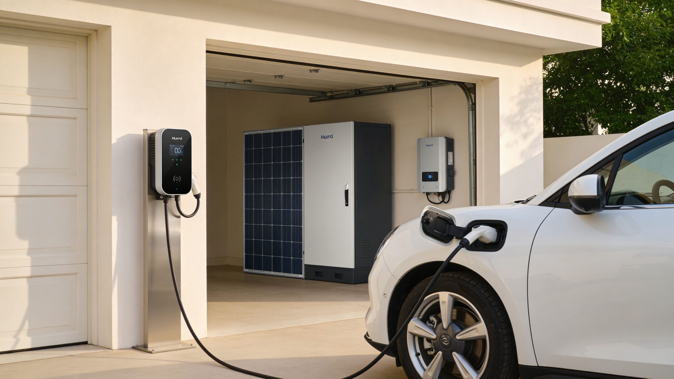 A modern electric vehicle charging station installed next to a residential garage with solar storage equipment.