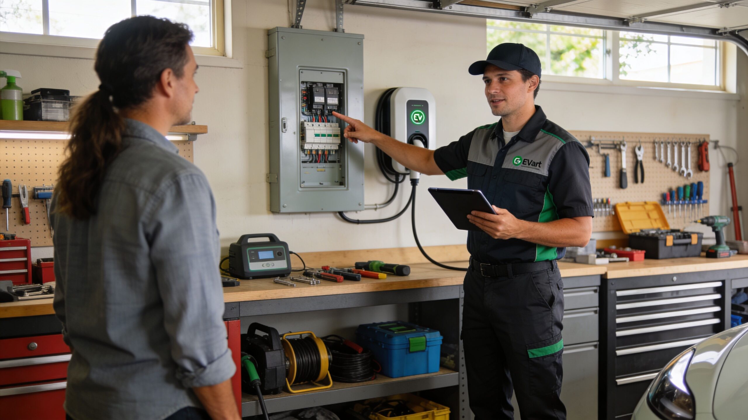 An EV installer explaining the electric vehicle charging system setup to a client in a home garage.