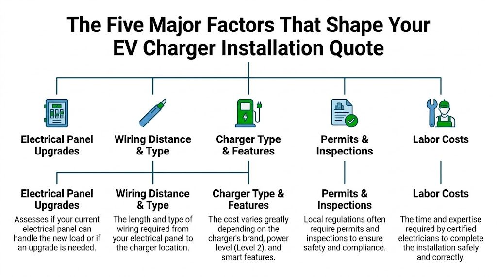 An infographic detailing five key factors that influence the total cost of installing an EV charger.