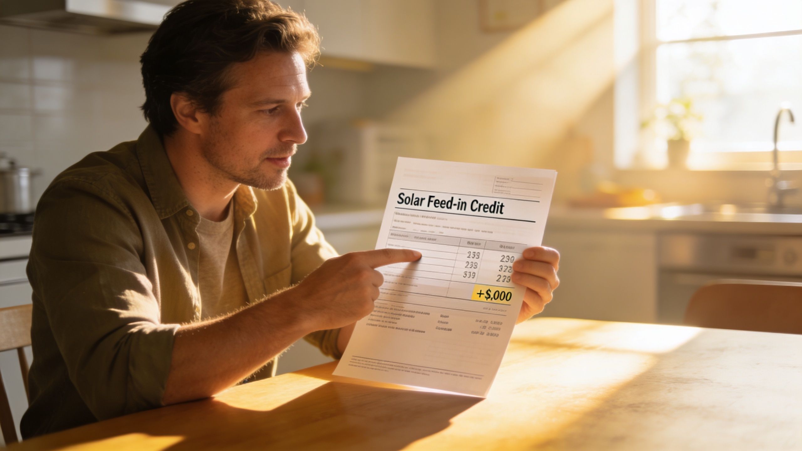 A man sits at a kitchen table examining a document labeled Solar Feed-in Credit with earnings shown.