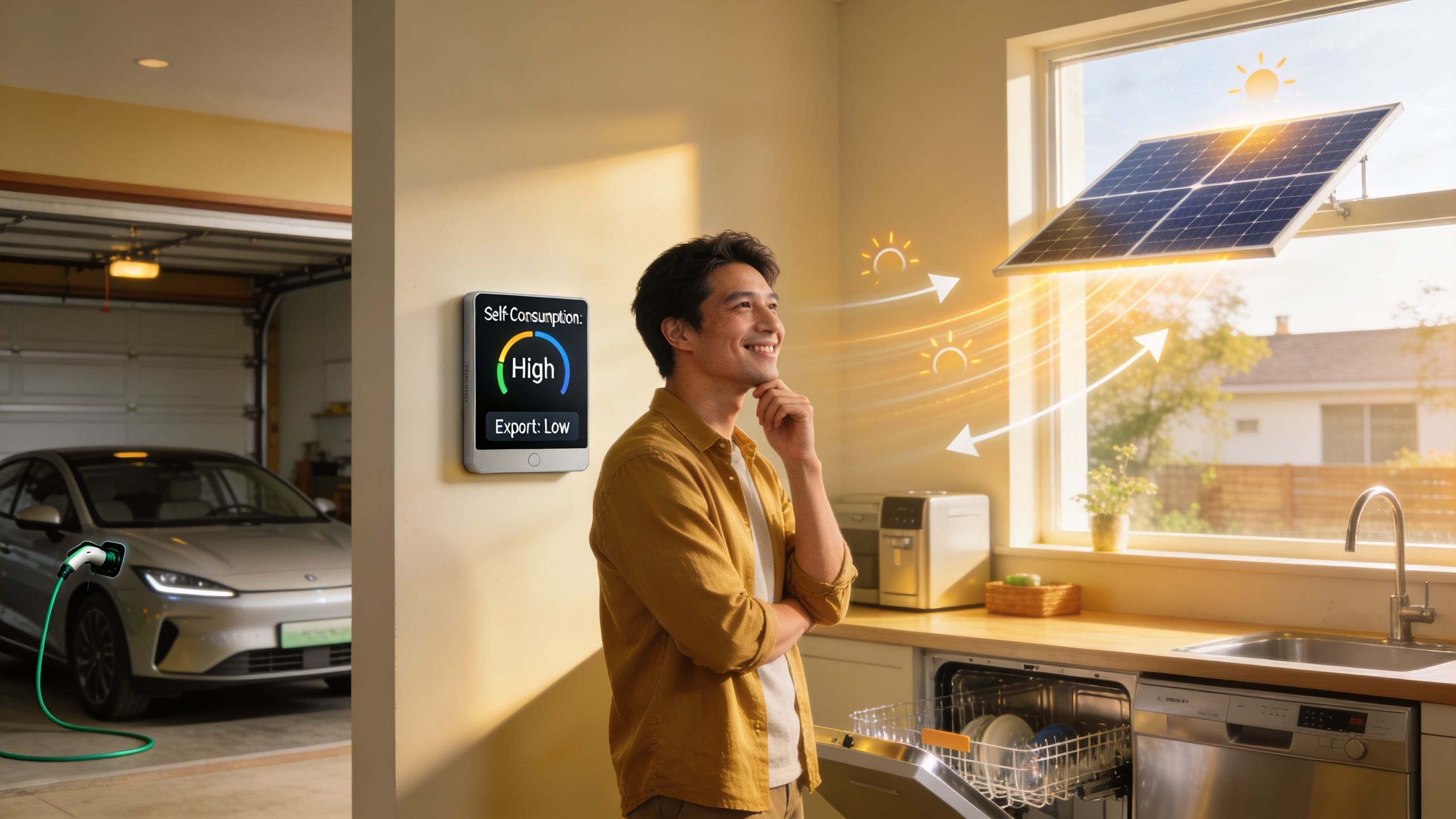 A man in his kitchen looks at a smart home display showing high self-consumption of solar energy.