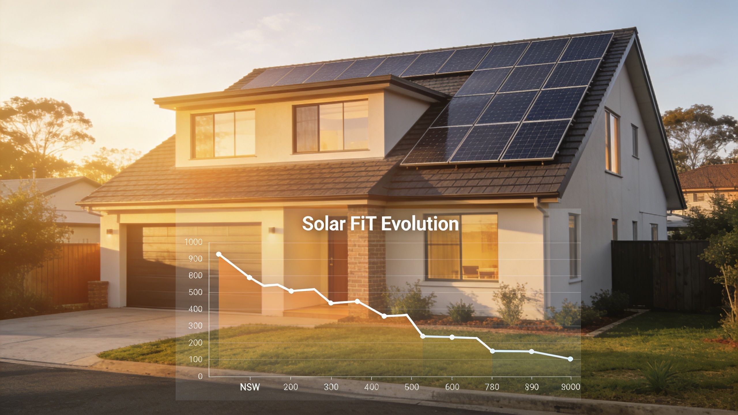 A house with solar panels on the roof overlaid with a graph depicting solar feed-in tariff trends.