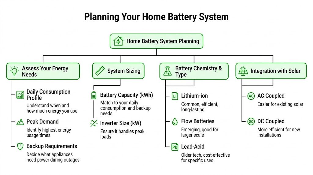 A comprehensive flowchart illustrating the essential steps for planning a residential home battery energy storage system.