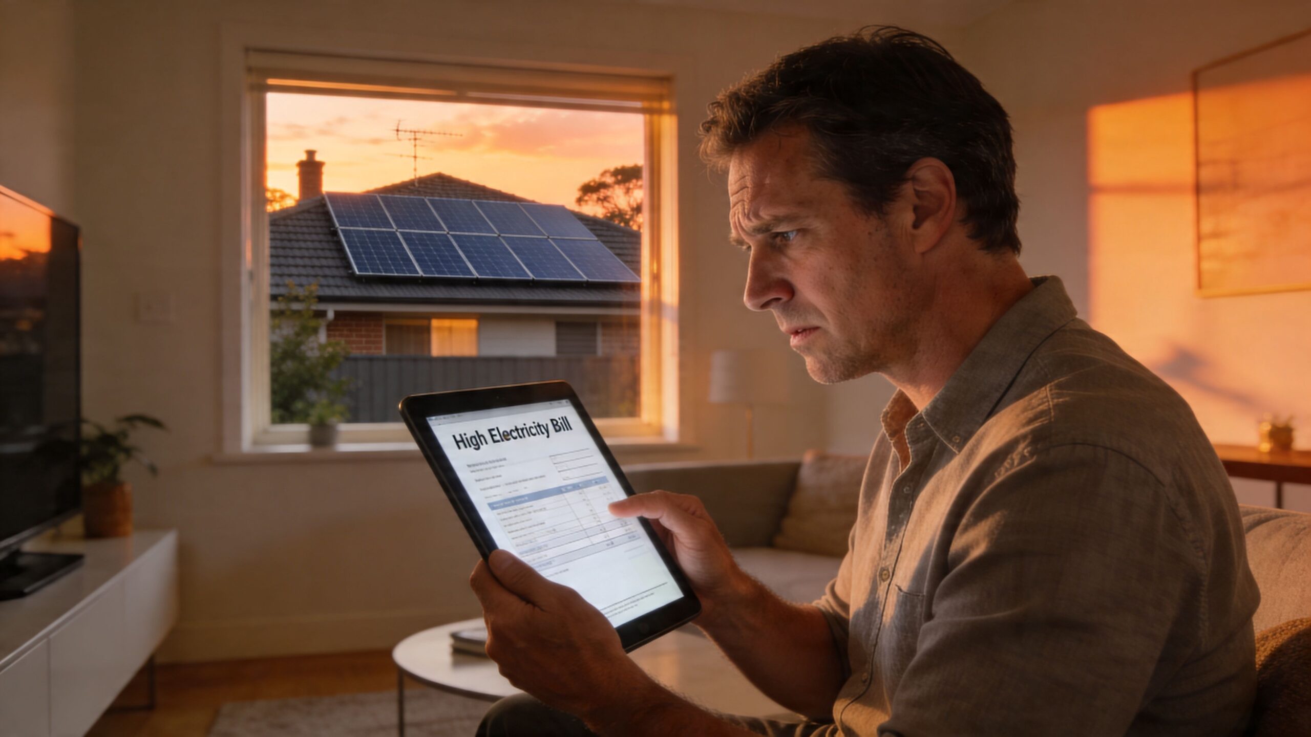 A concerned man sitting on a sofa looking at a high electricity bill on his digital tablet.