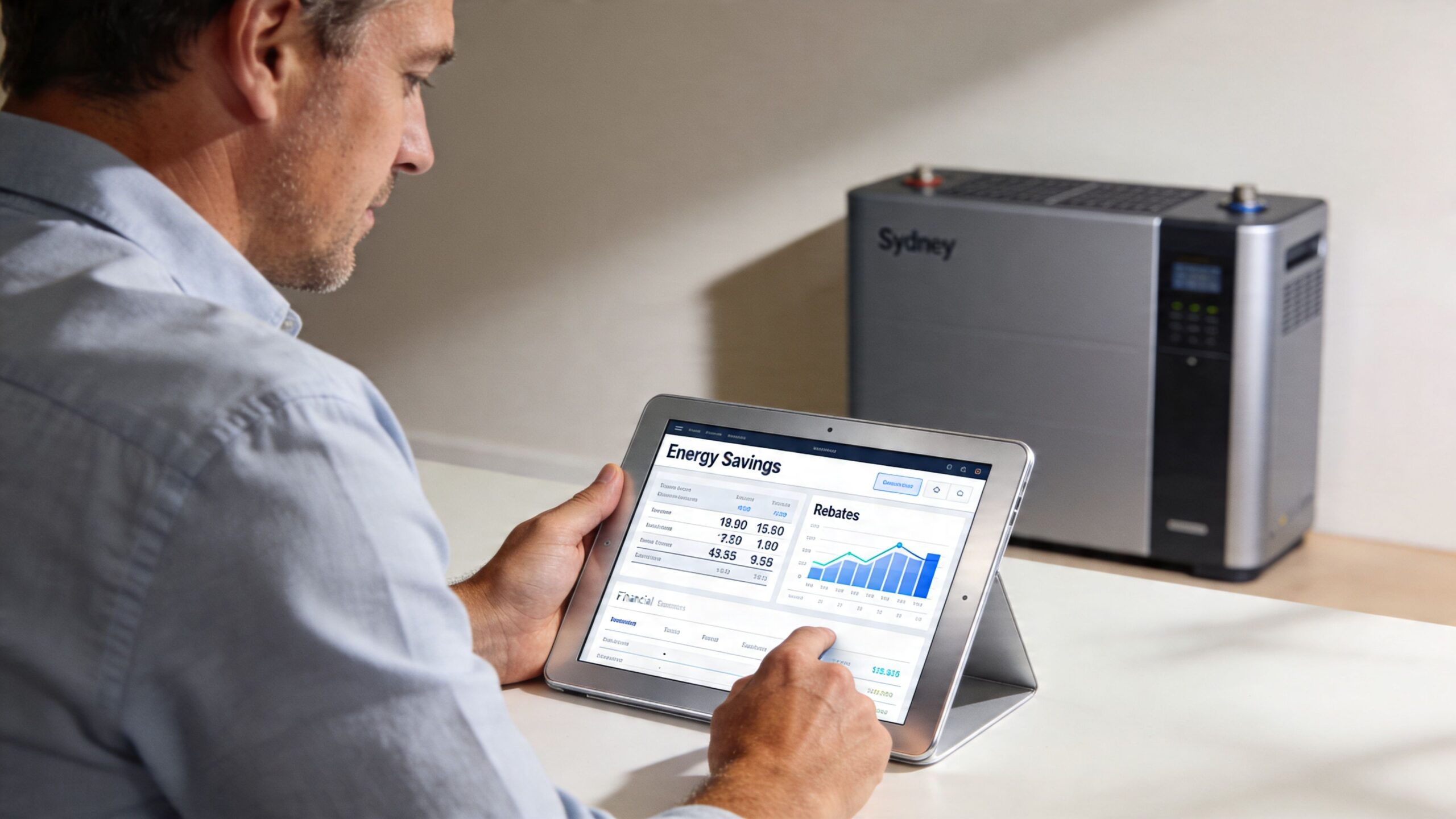 A man using a tablet to monitor energy savings and rebates with a Sydney home battery installed nearby.