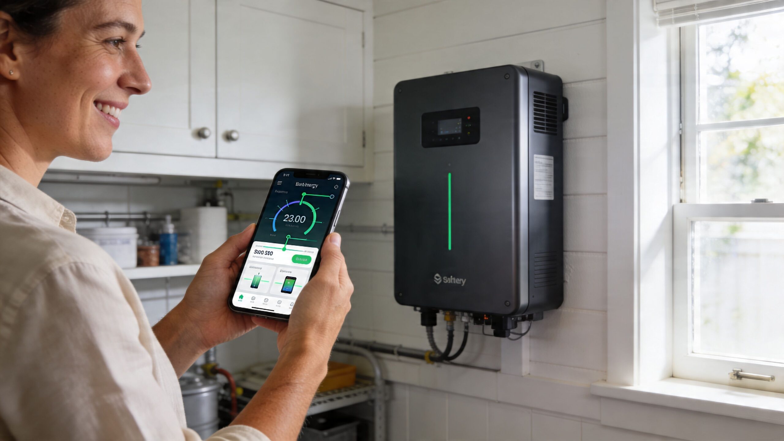 A woman smiling while using a smartphone app to monitor her home solar battery system installation.