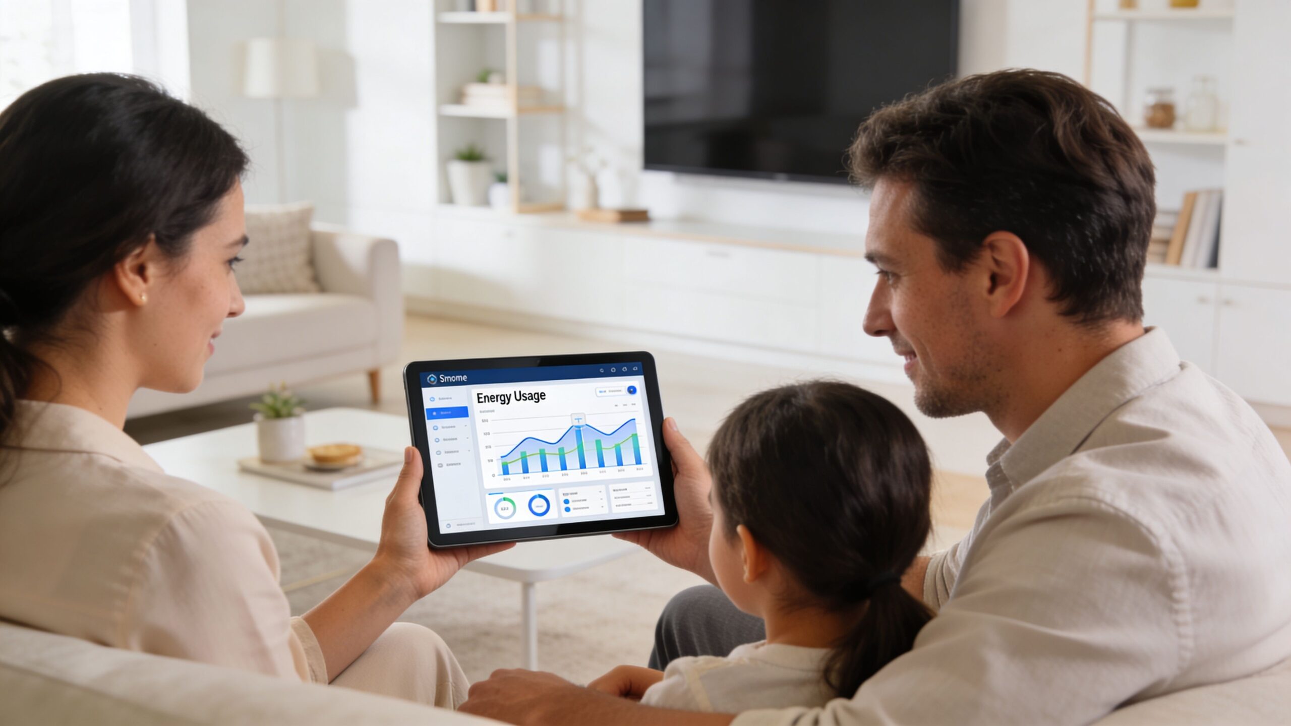 A family reviewing home energy usage data on a tablet while sitting together on a couch.