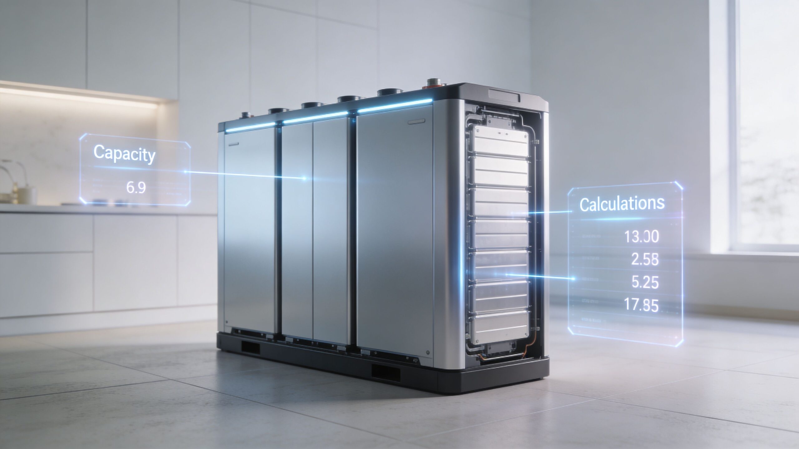 A modern home battery storage system with holographic data overlays showing capacity and calculation metrics.