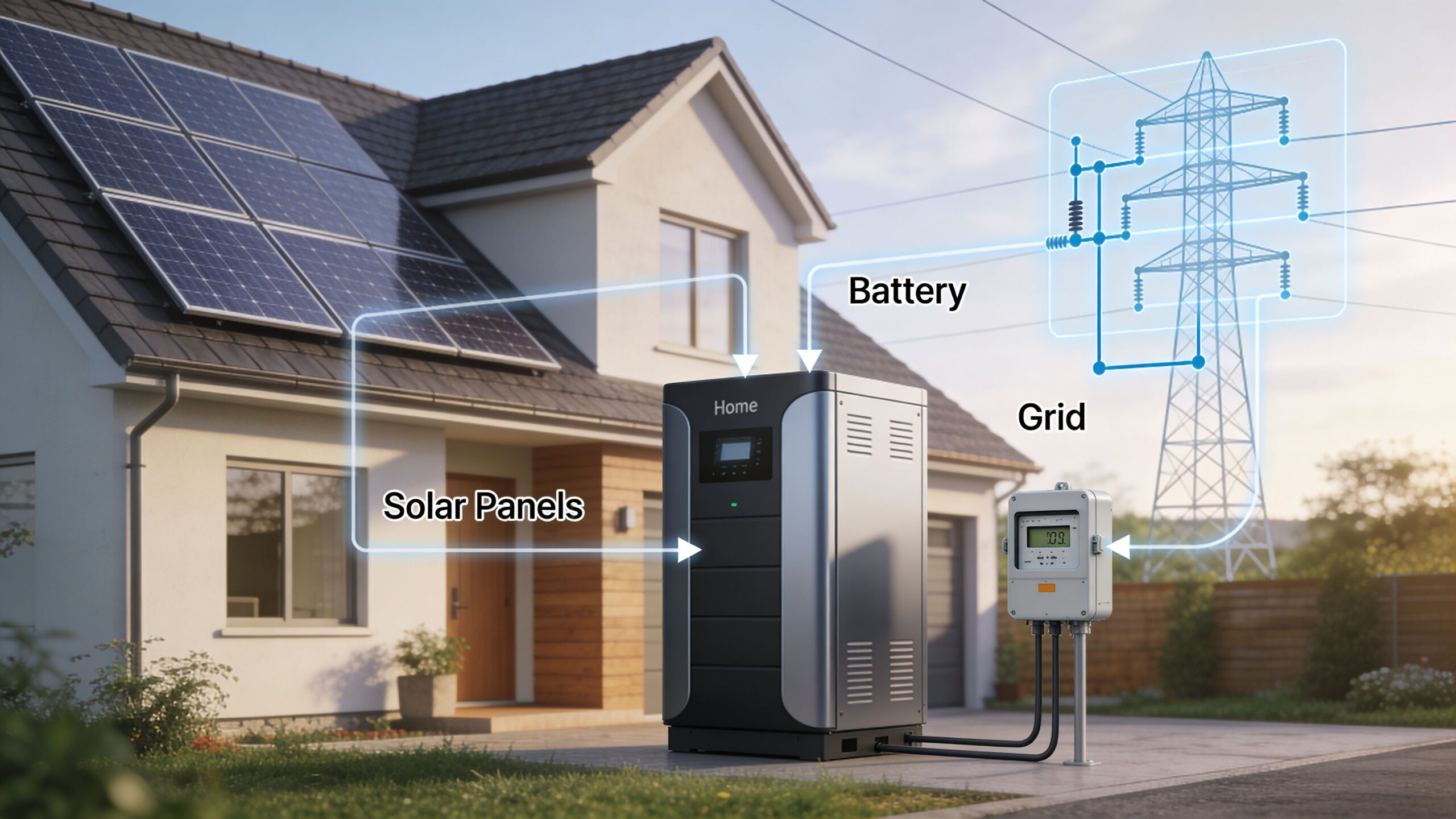 A modern home equipped with rooftop solar panels, a battery storage unit, and a grid connection.