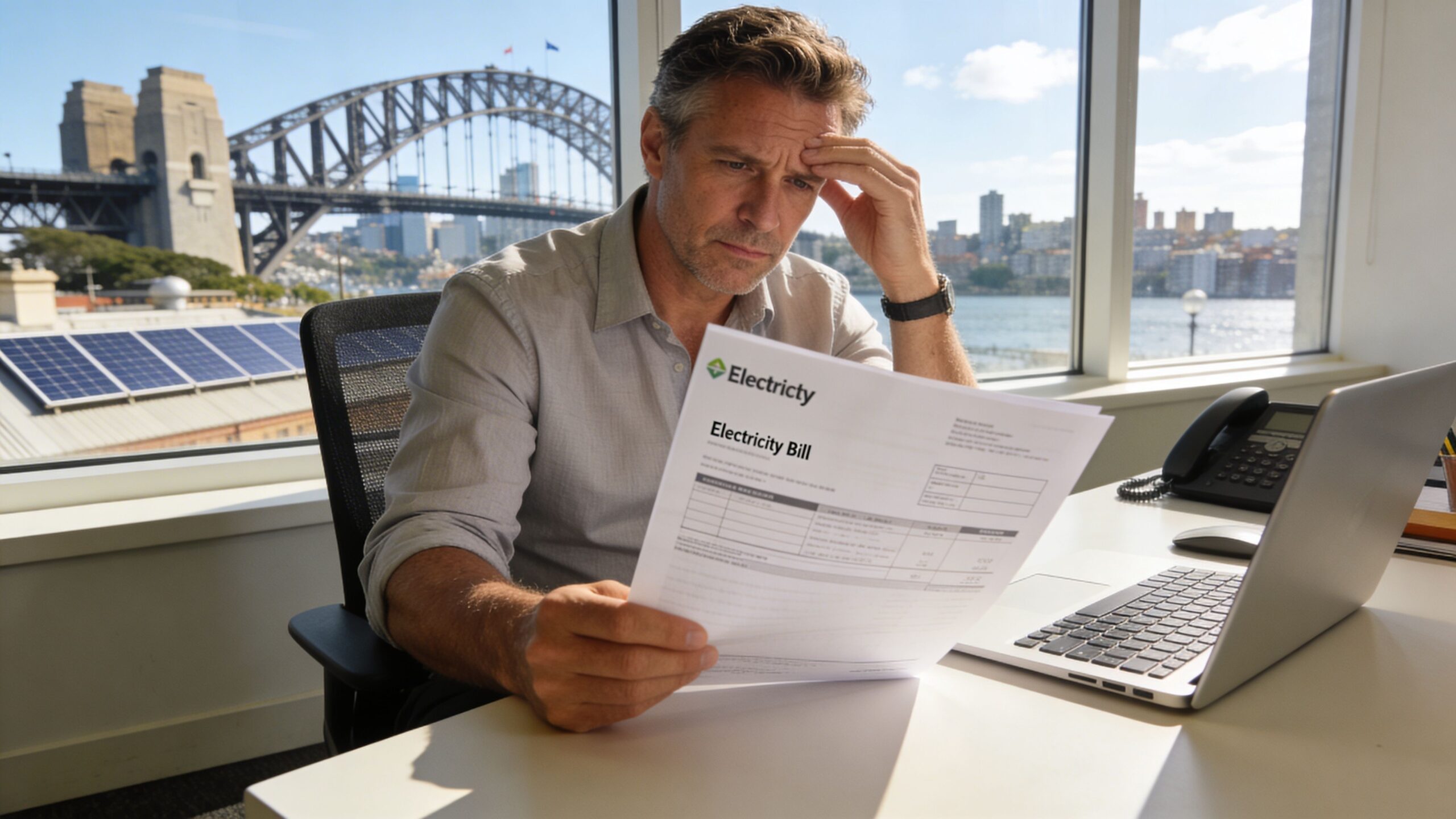 A concerned man reviewing his high electricity bill while seated at a desk overlooking Sydney Harbour.