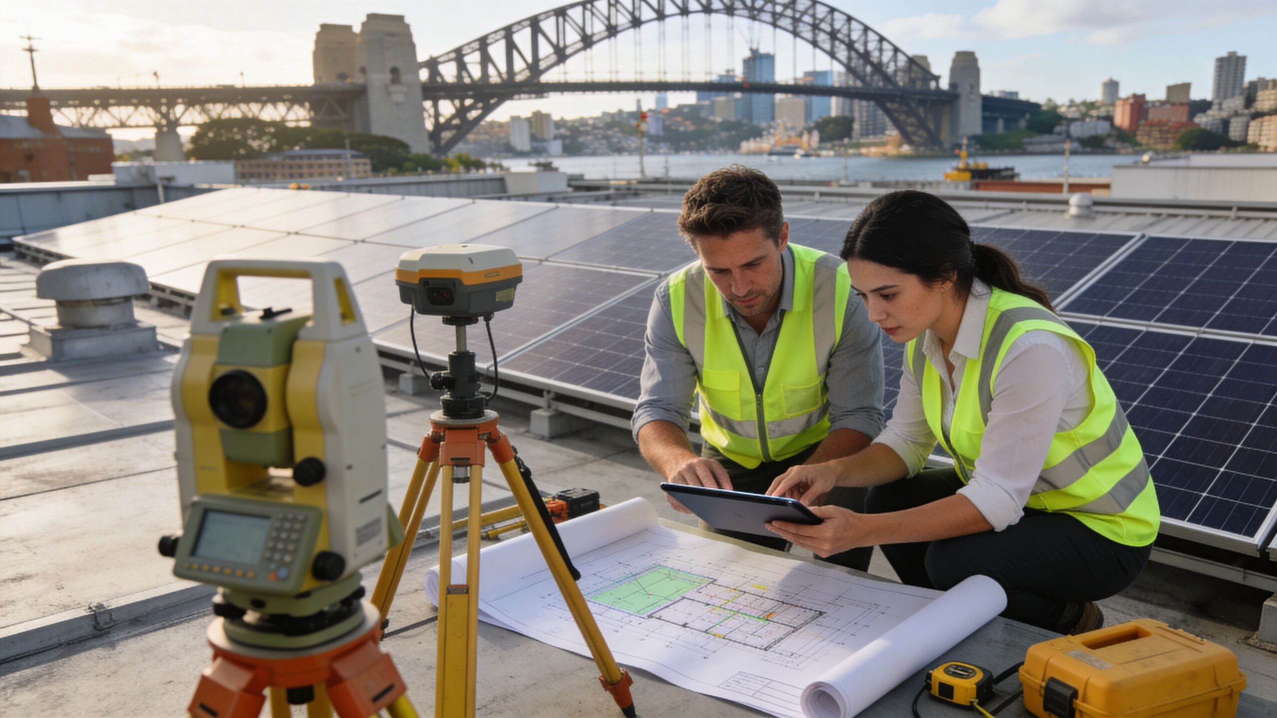 Two engineers inspecting solar panel site plans on a rooftop with the Sydney Harbour Bridge in background.