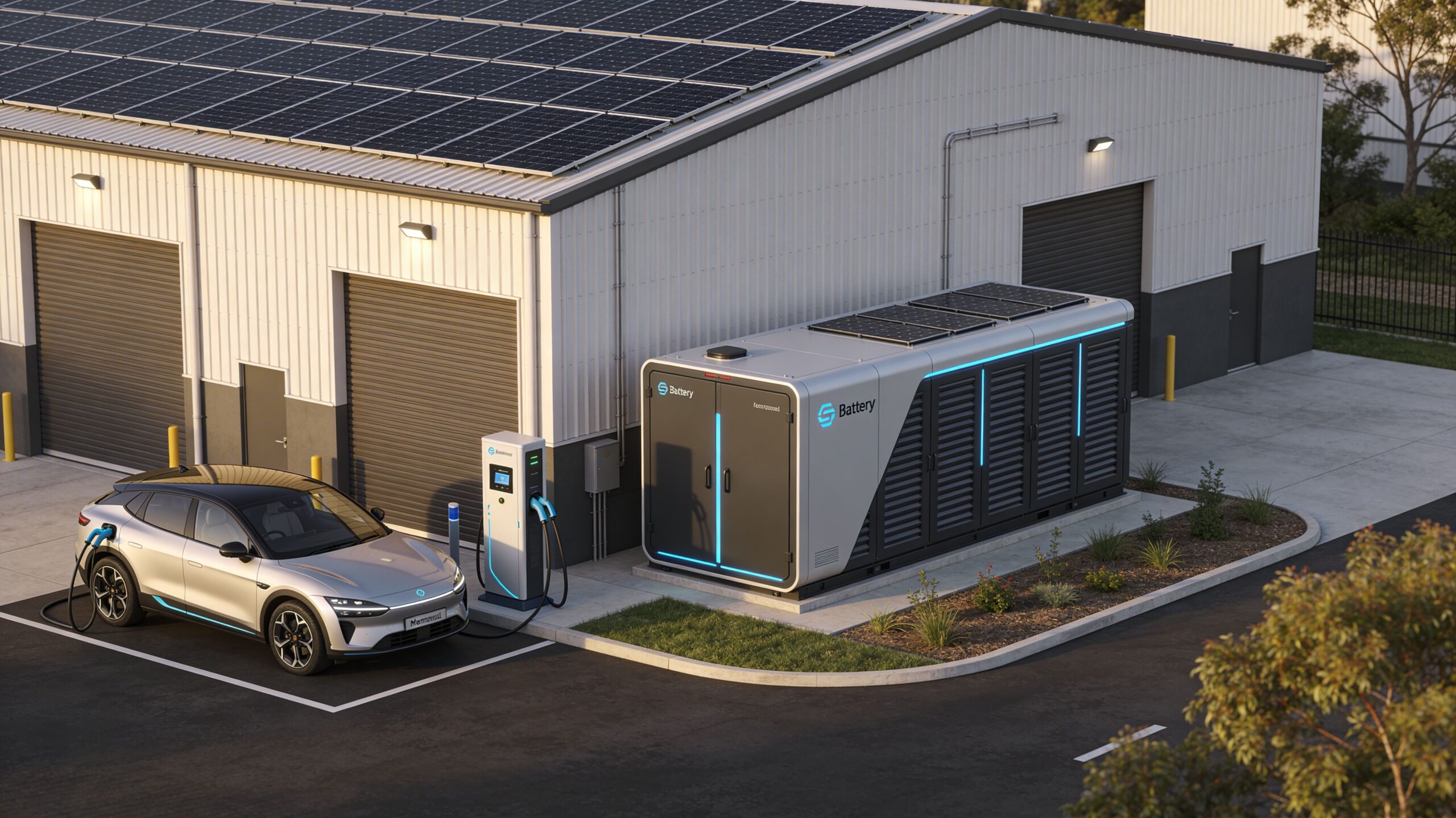 A modern electric vehicle charging at a solar-powered commercial battery station outside an industrial warehouse building.