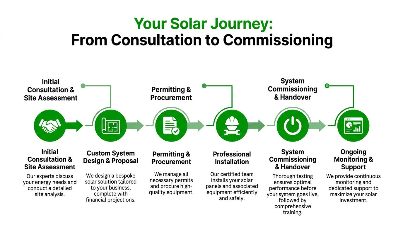 A six-step infographic illustrating the solar journey from initial consultation and site assessment to ongoing monitoring and support.