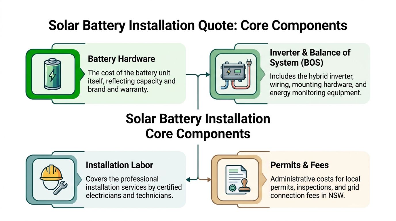 An infographic detailing the four main components that determine the cost of a solar battery installation.