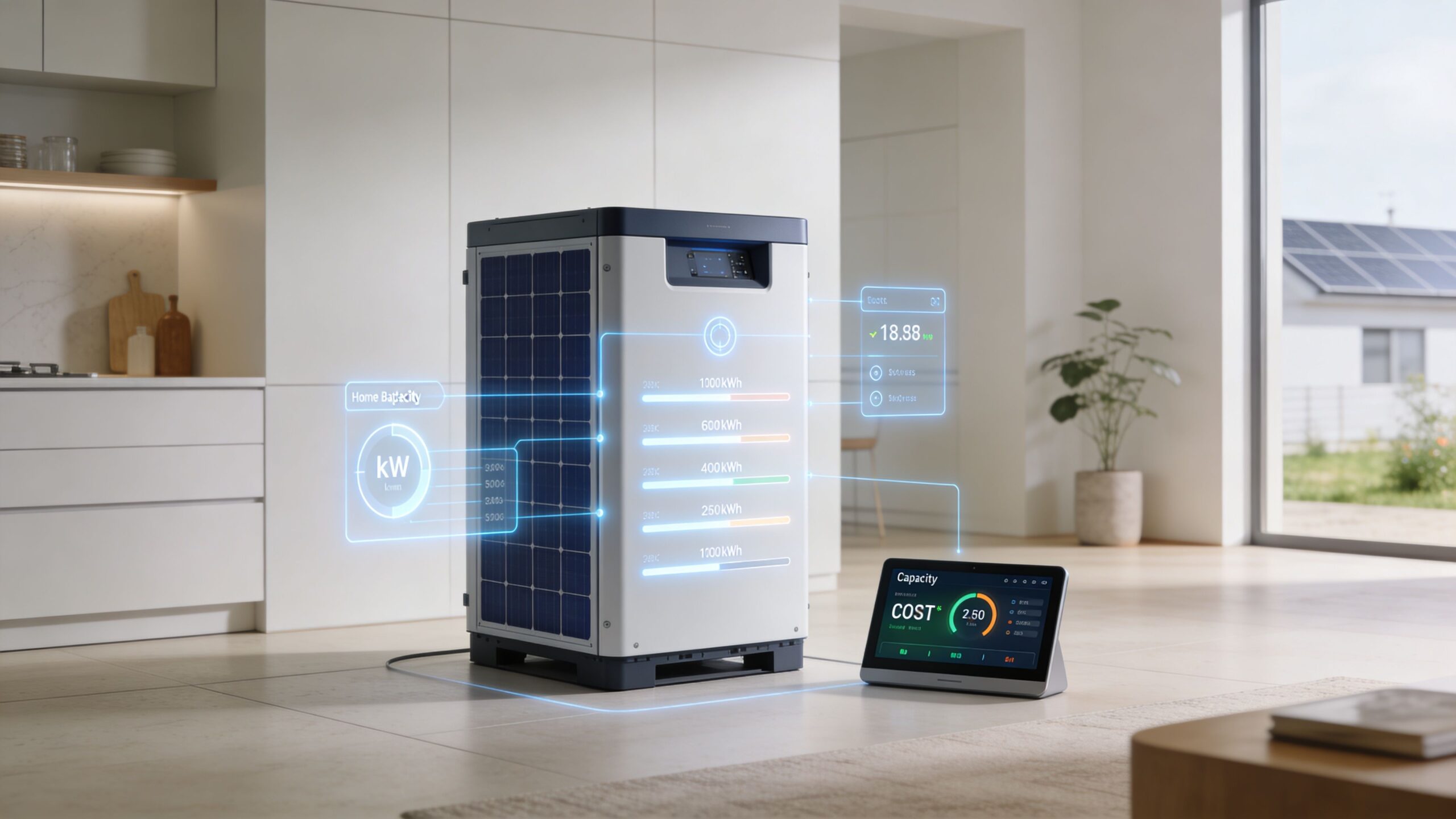 A modern solar home battery storage system with digital holographic interface panels displayed in a bright kitchen.