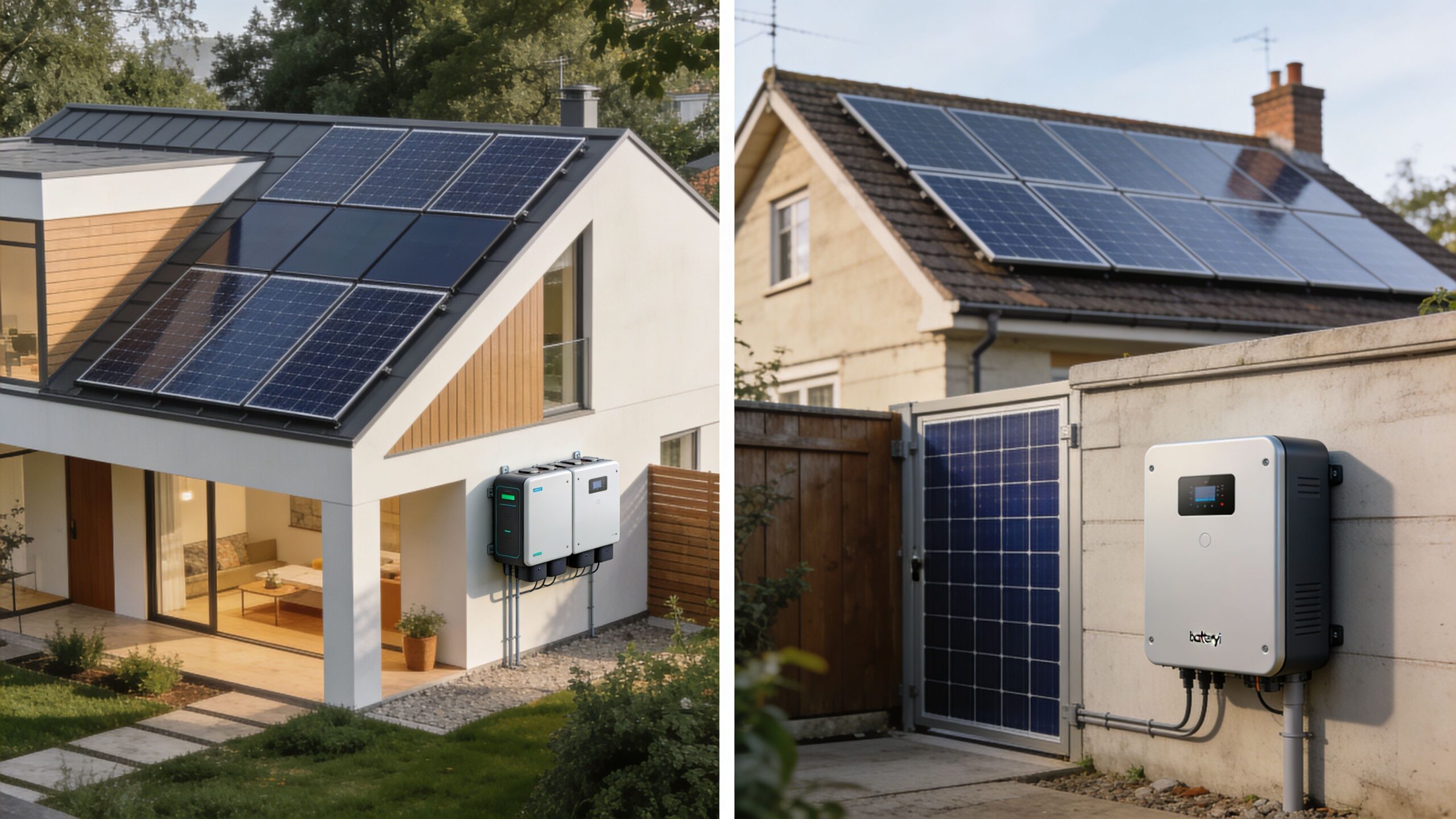 Split image showing residential solar battery installations on modern and traditional home walls with rooftop panels.