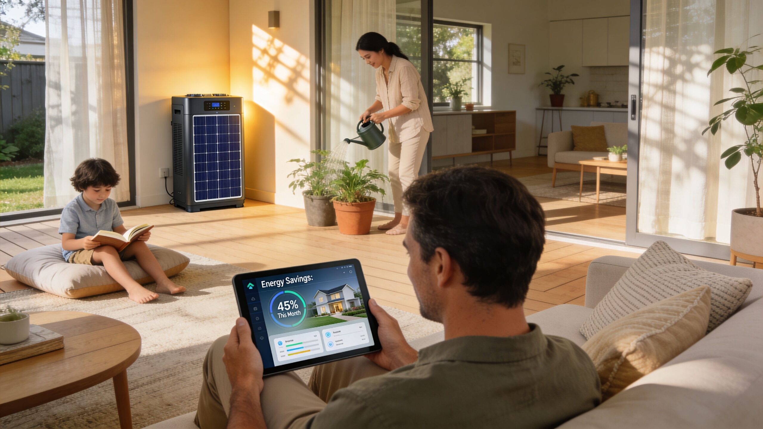 A family in a sunlit living room with a portable solar battery generator and energy monitoring tablet.