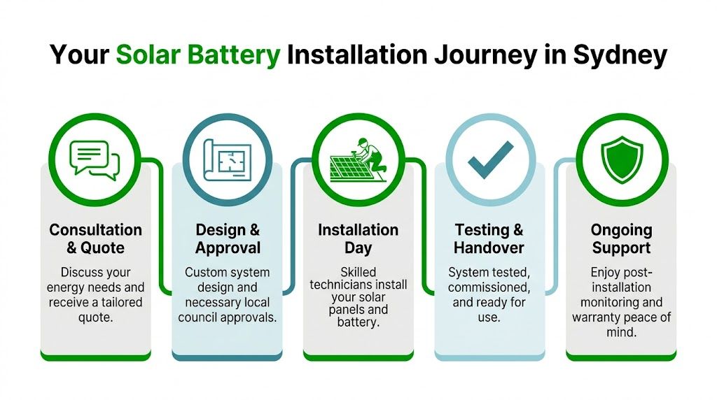 A five-step infographic showing the solar battery installation process from initial consultation to ongoing support in Sydney.