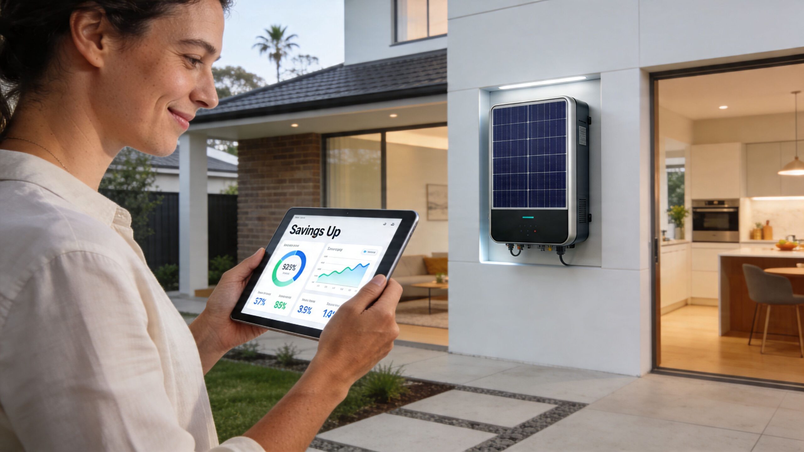 A woman uses a tablet to monitor solar battery installation energy savings in a modern home exterior.