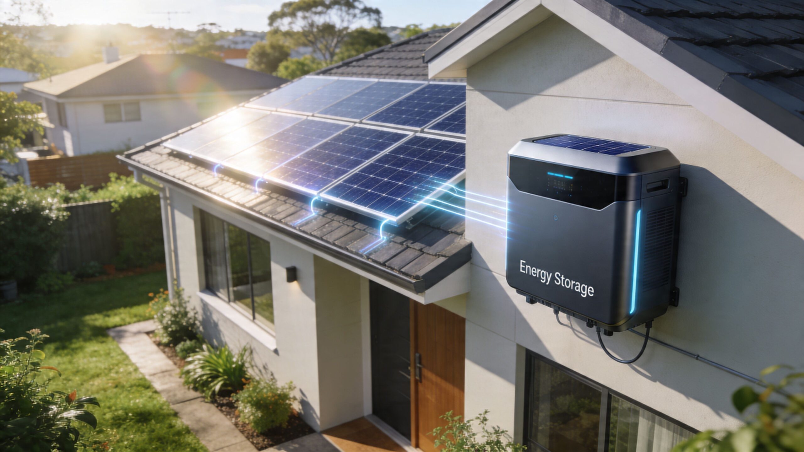 A modern suburban home featuring rooftop solar panels connected to a wall-mounted home energy storage battery system.